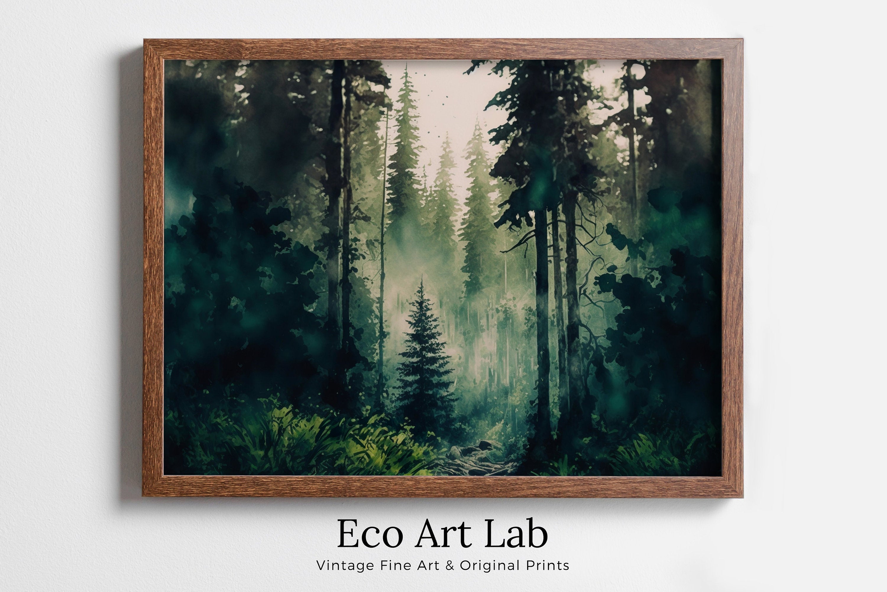 Watercolor Dense Forest Landscape Printable. Printable Wall Art. Digital Art. Green Forest Trees Painting Print. Nature Decor. Forest Art