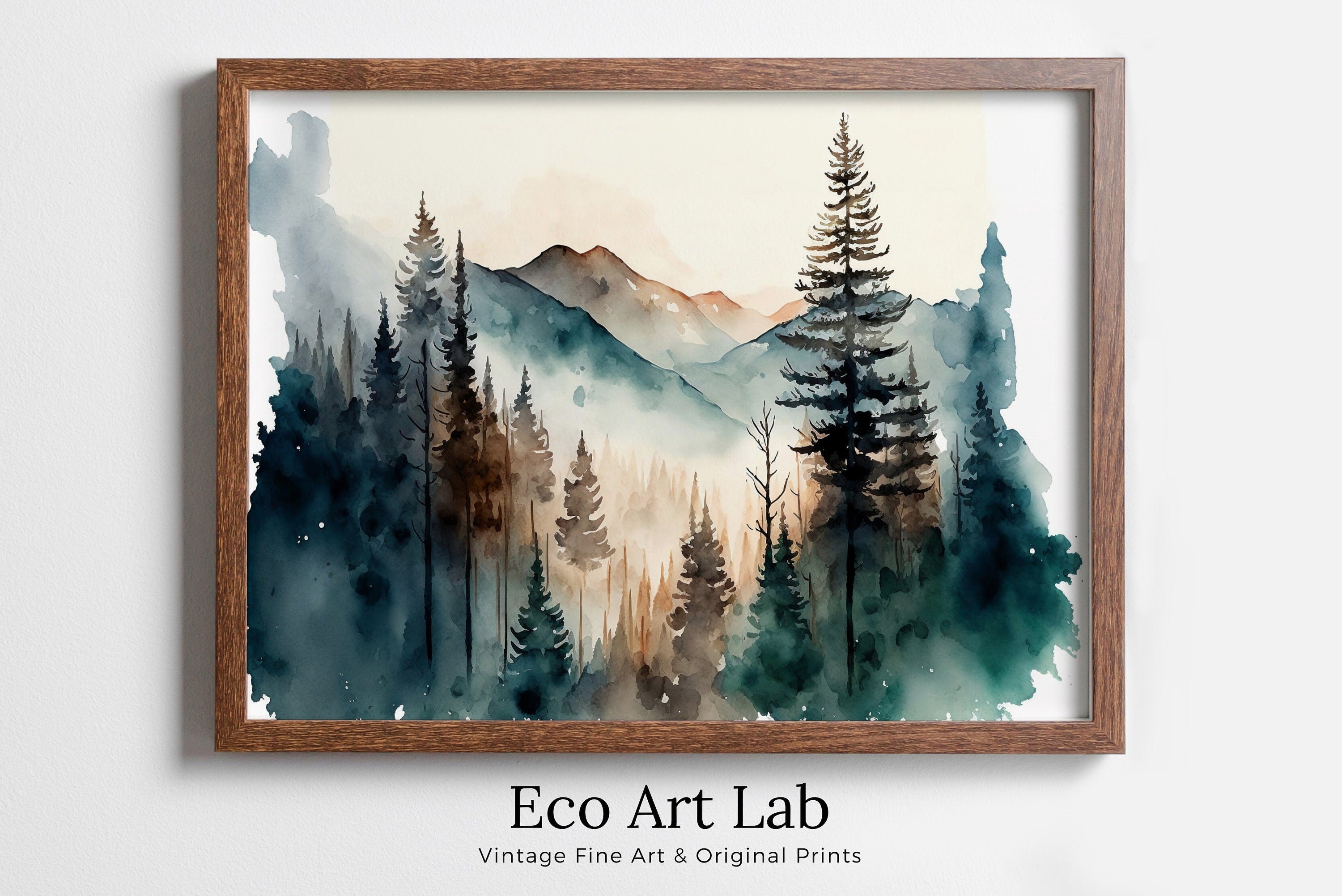 Abstract Forest & Mountain Watercolor Painting. Colorful Forest Landscape. Printable Nature Art. Mountain Forest Art. Printable Wall Art