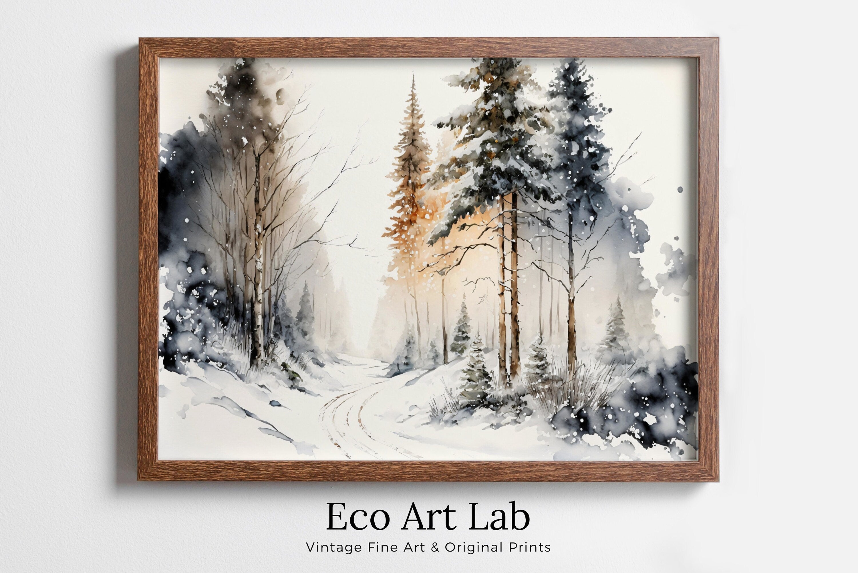 Winter Forest Trail Watercolor Landscape Printable Art. Green Forest Trees Painting Print. Printable Wall Art. Digital Forest Nature Decor