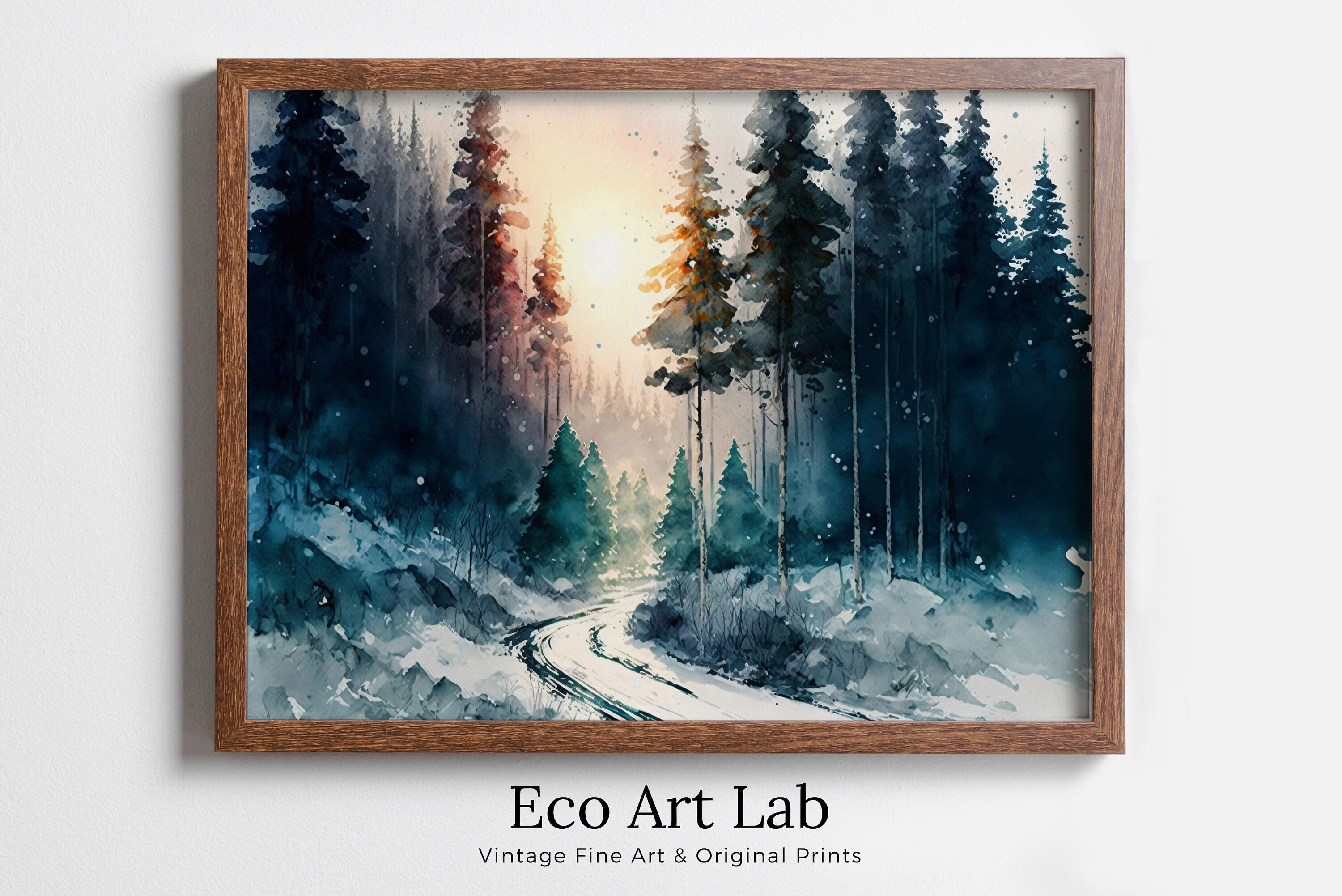 Watercolor Winter Forest Trail Landscape Printable Art. Green Forest Trees Painting Print. Printable Wall Art. Digital Forest Nature Decor