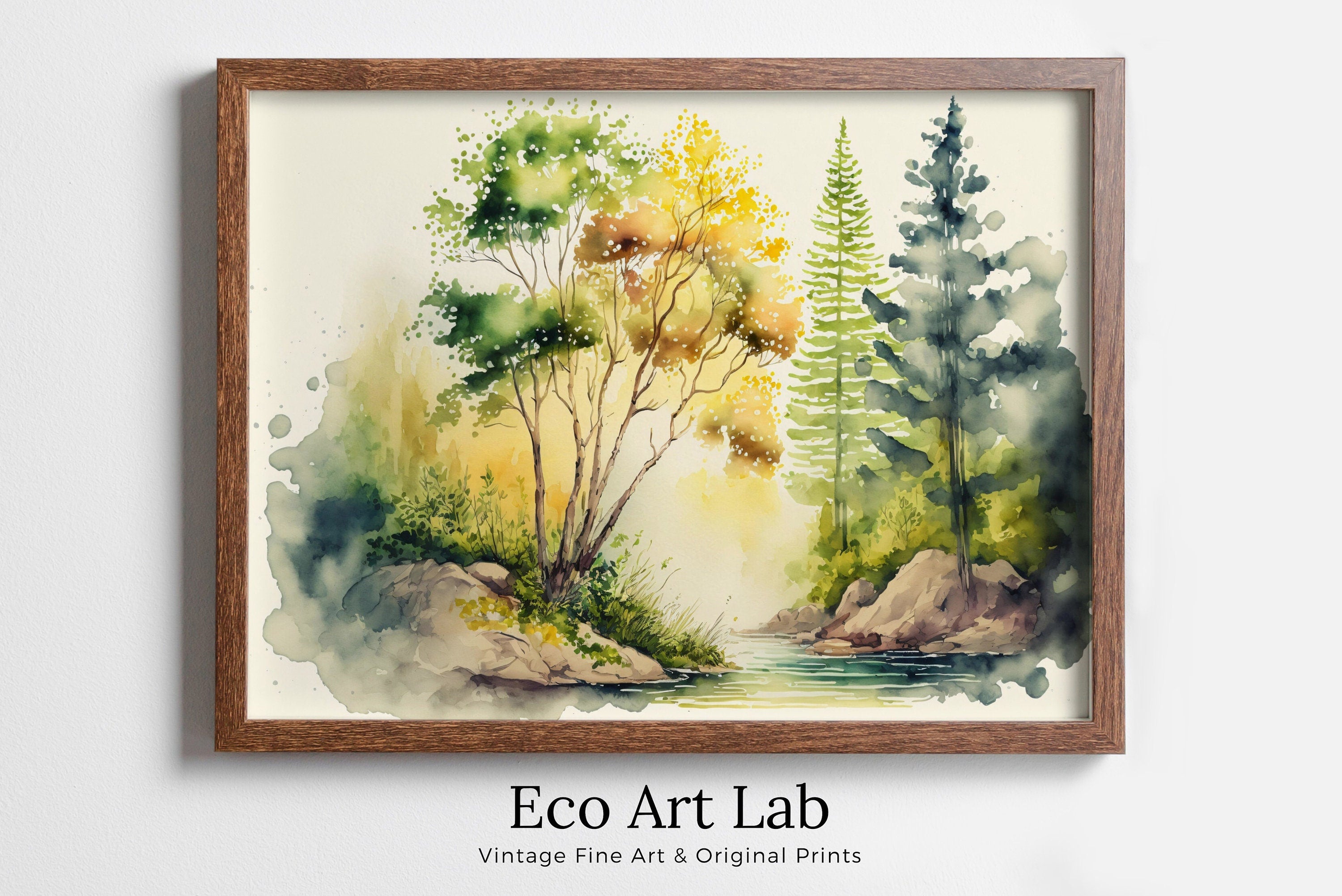 Watercolor Forest River Landscape Printable. Forest Trees Painting Print. Printable Wall Art. Digital Art. Nature Decor. Abstract Forest Art
