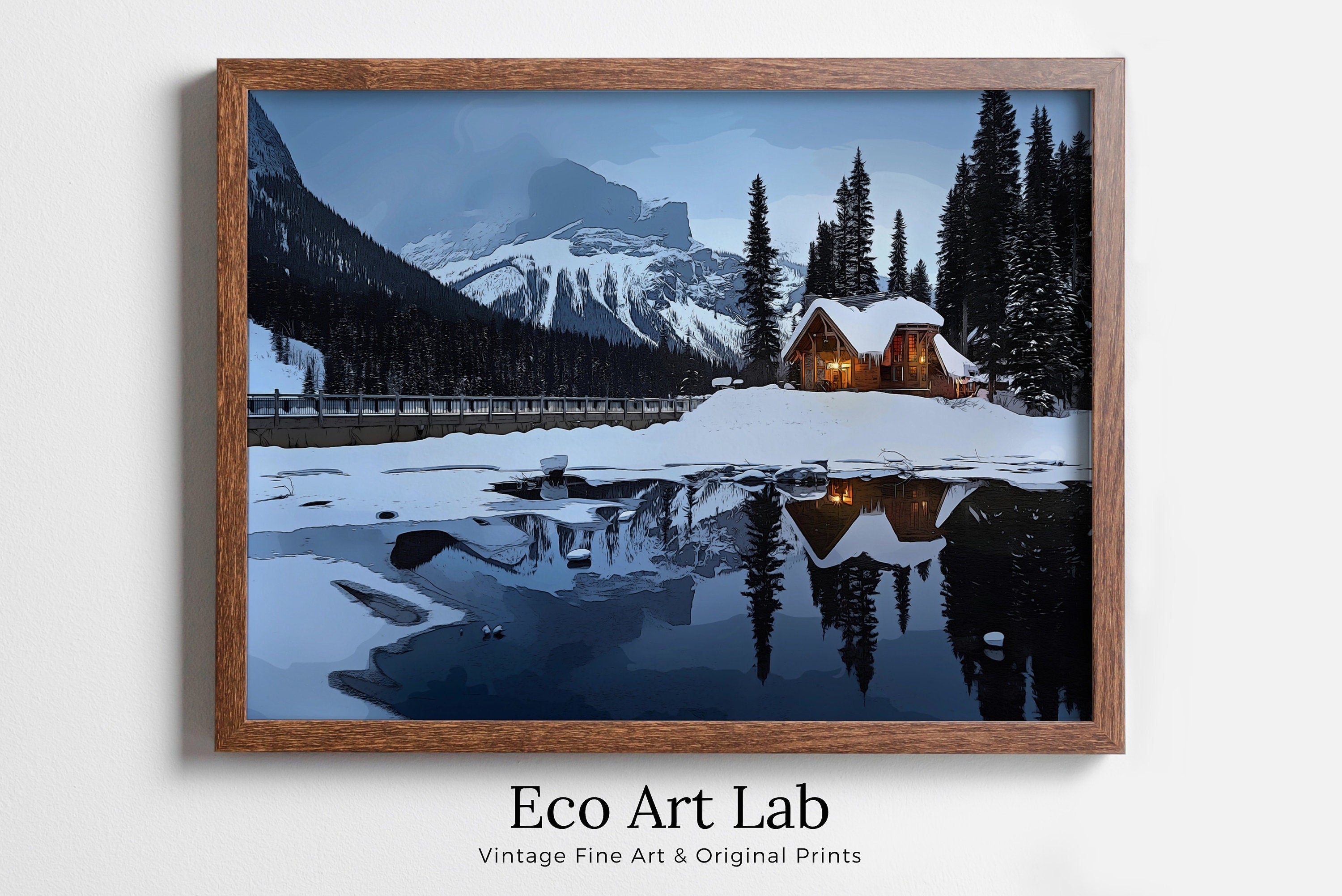 Winter Log Cabin in Snowy Mountains. Landscape Digital Painting. Printable Wall Art. Home or Office Decor Nature Art Print. Instant Download