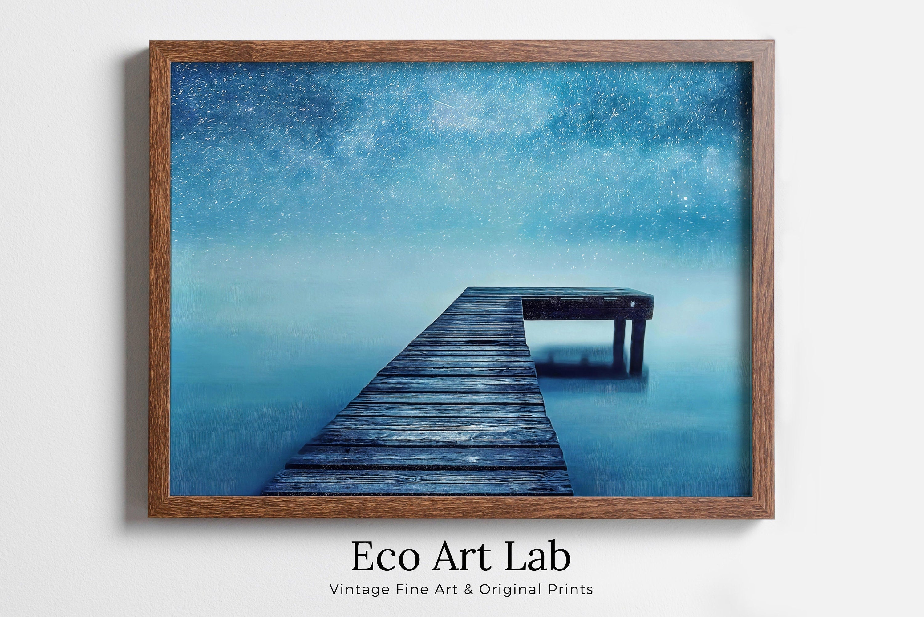 Wooden Pier at Starry Night Printable Wall Art. Wooden Pier Print. Pier on Lake Print Starry Night Sky Lake Landscape Wall Decor, Wood Jetty