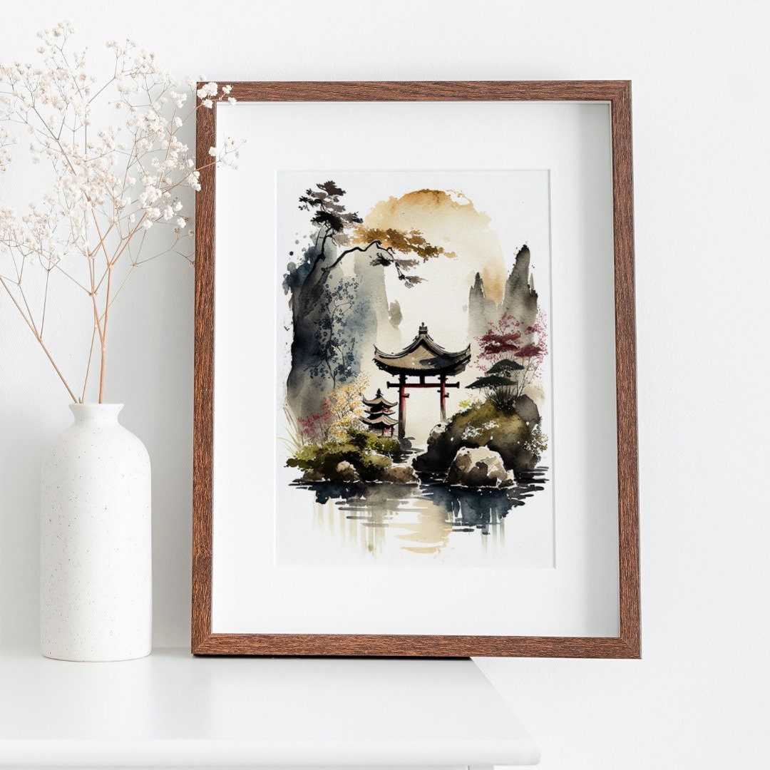 Zen Garden Printable Wall Art. Japandi Landscape. Instant Download Watercolor Zen Art. Japanese Wall Art. Spiritual Painting. Asian Wall Art