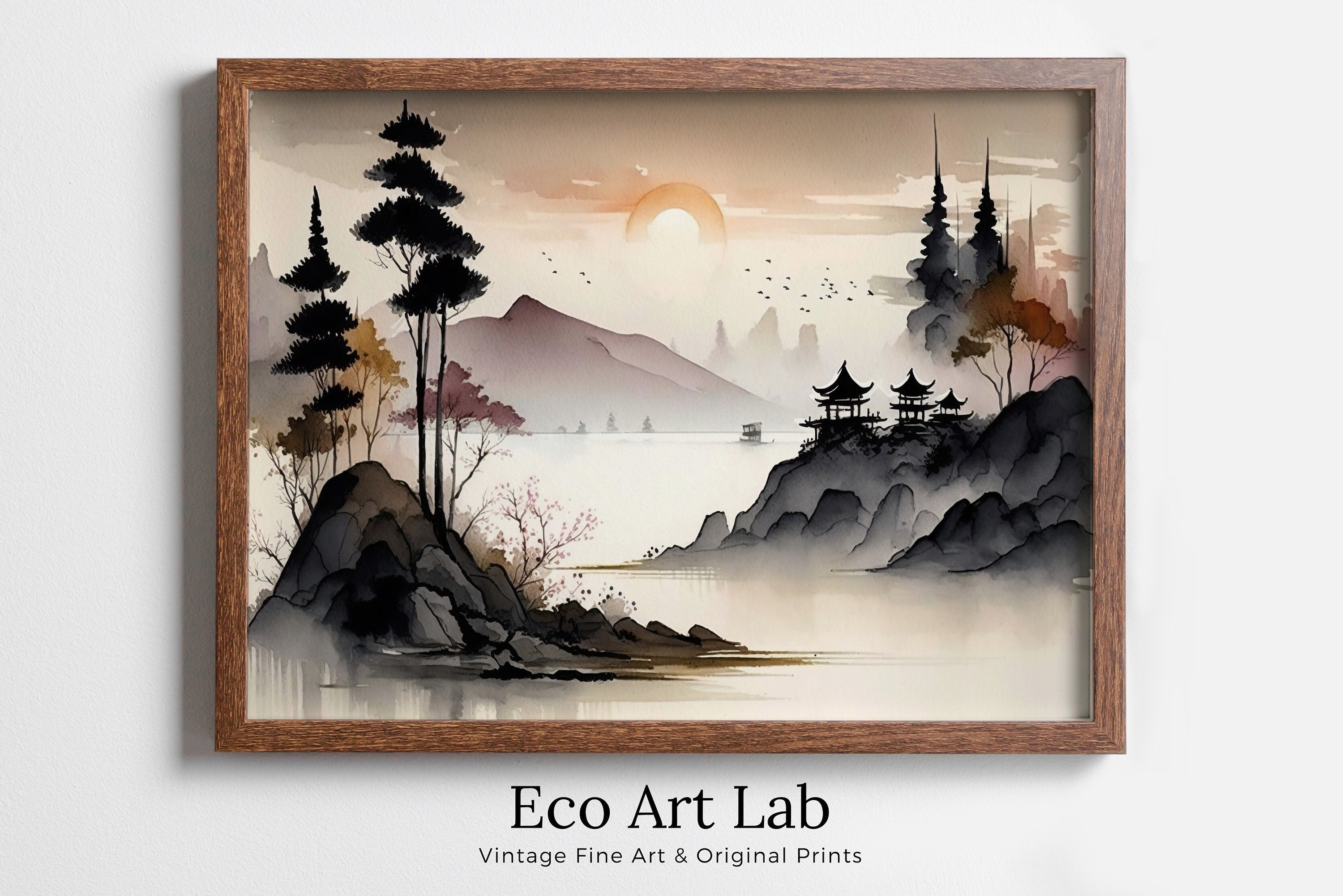 Zen Printable Nature Art. Abstract Japanese Mountain Watercolor Painting. Colorful Forest Landscape. Mountain Forest Art. Printable Wall Art