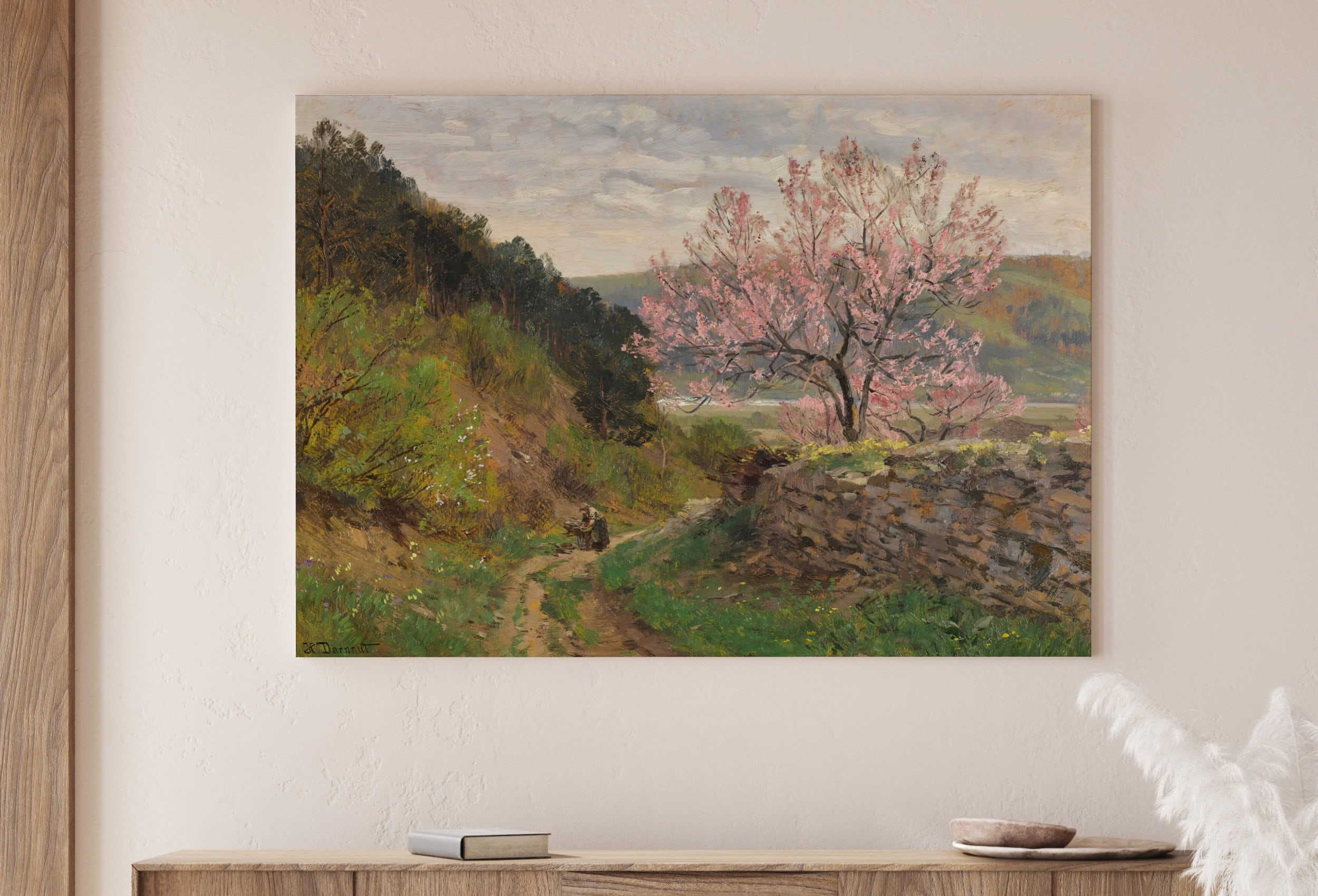 Vintage Spring Landscape Painting. Almond Blossom Printable Country Field Decor. Rustic Landscape. Farmhouse Wall Art Print. Nature Art – Printable Wall Art Digital Download – Digital Download