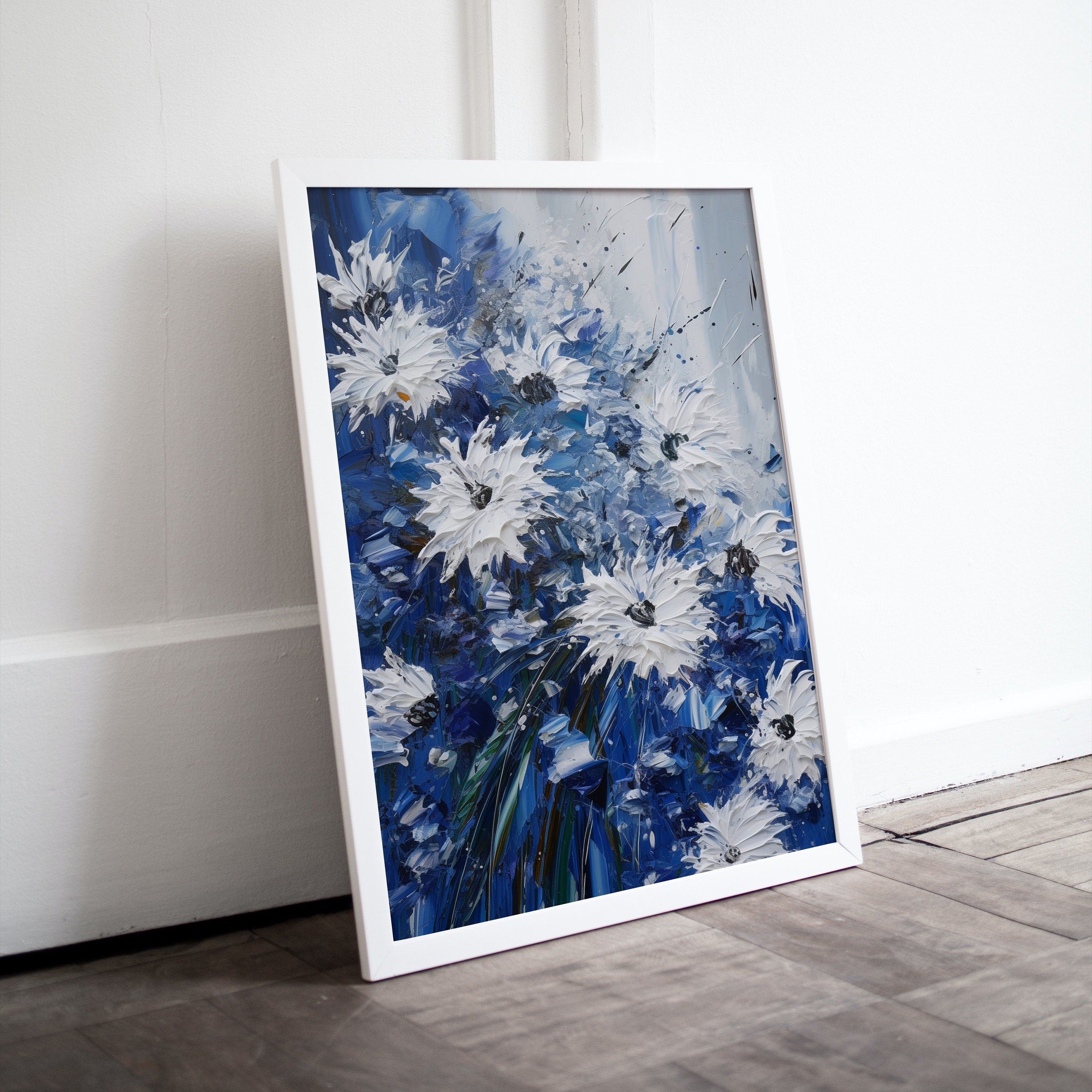 White & Blue Flowers Print. Textured Floral Wall Decor. Abstract Flower Printable Wall Art. Texture Modern Flower Painting. Instant Download
