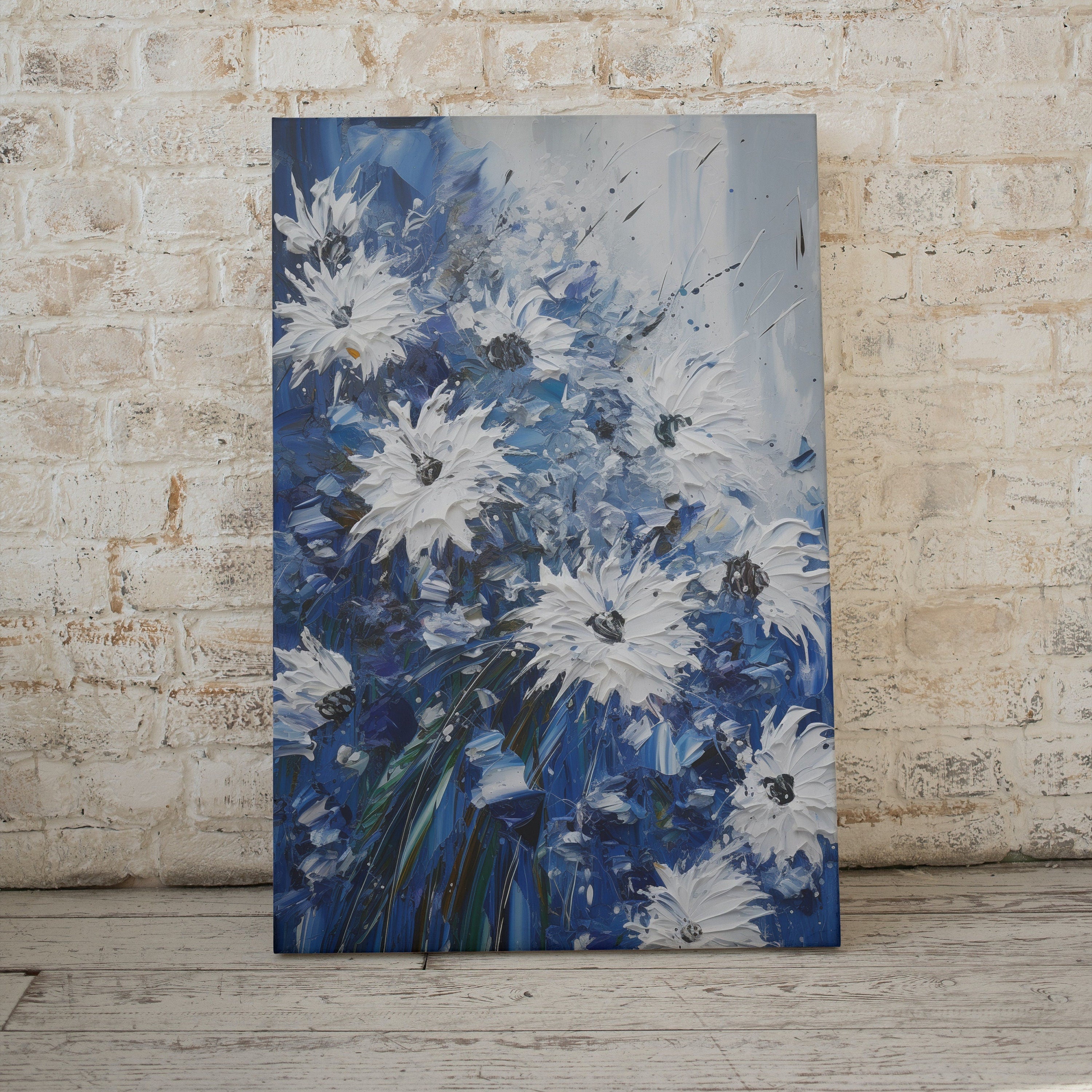 White & Blue Flowers Print. Textured Floral Wall Decor. Abstract Flower Printable Wall Art. Texture Modern Flower Painting. Instant Download