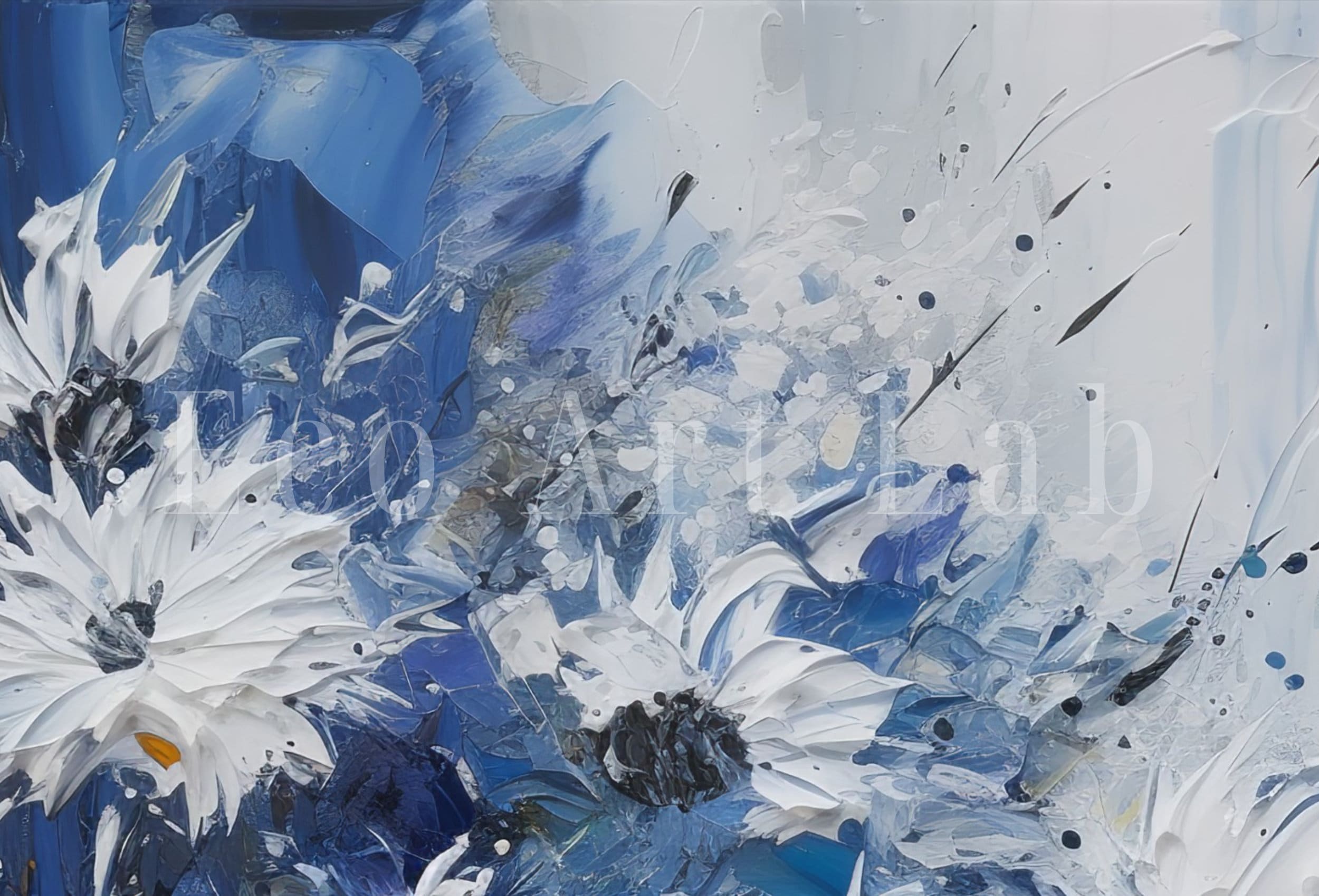 White & Blue Flowers Print. Textured Floral Wall Decor. Abstract Flower Printable Wall Art. Texture Modern Flower Painting. Instant Download