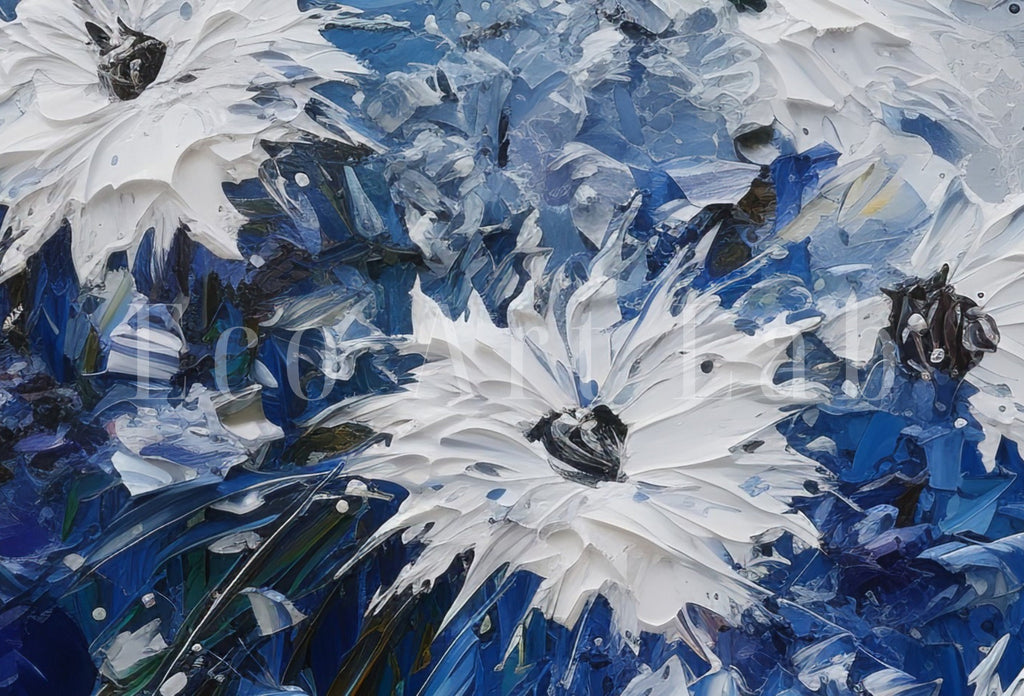 White & Blue Flowers Print. Textured Floral Wall Decor. Abstract Flower Printable Wall Art. Texture Modern Flower Painting. Instant Download