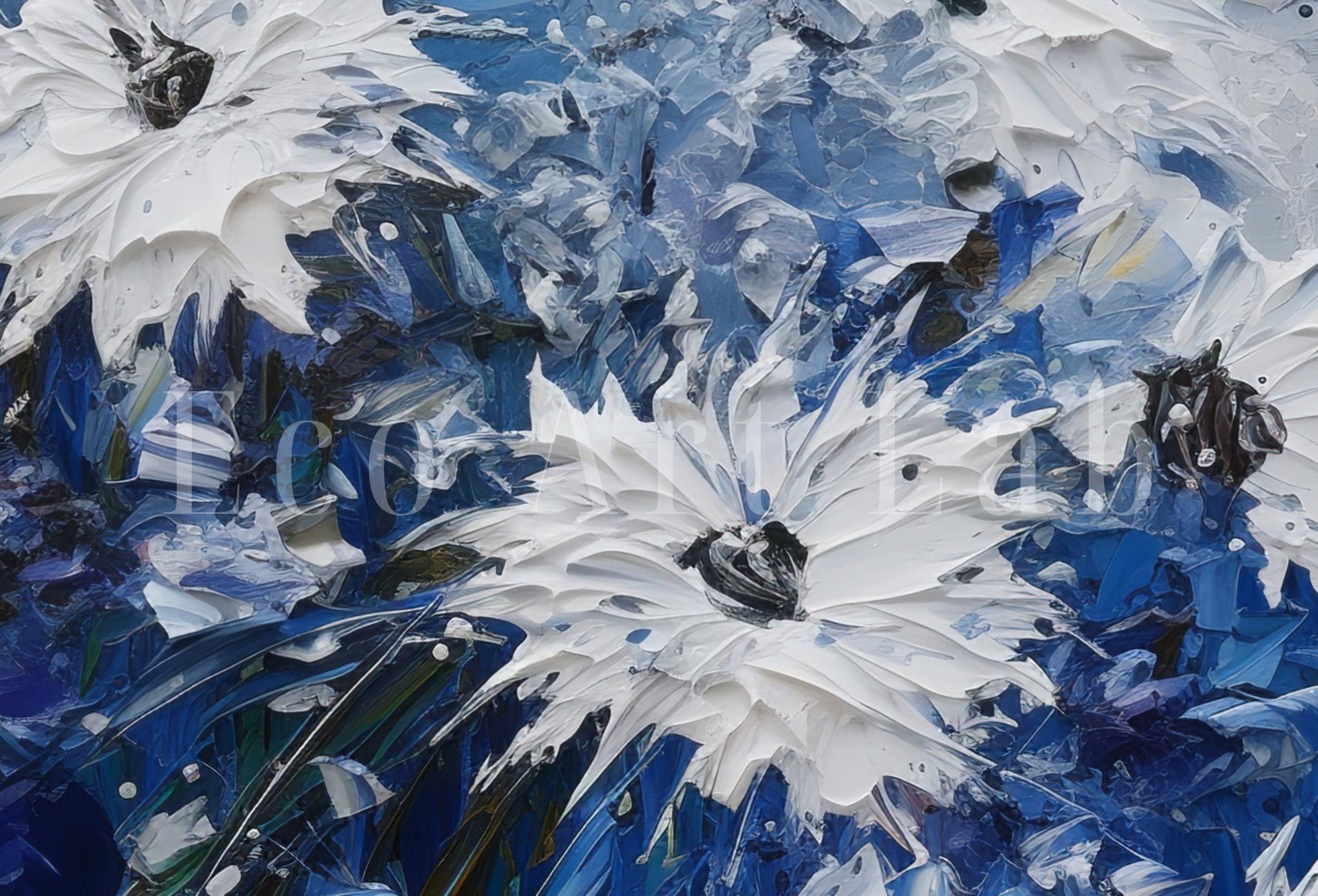 White & Blue Flowers Print. Textured Floral Wall Decor. Abstract Flower Printable Wall Art. Texture Modern Flower Painting. Instant Download