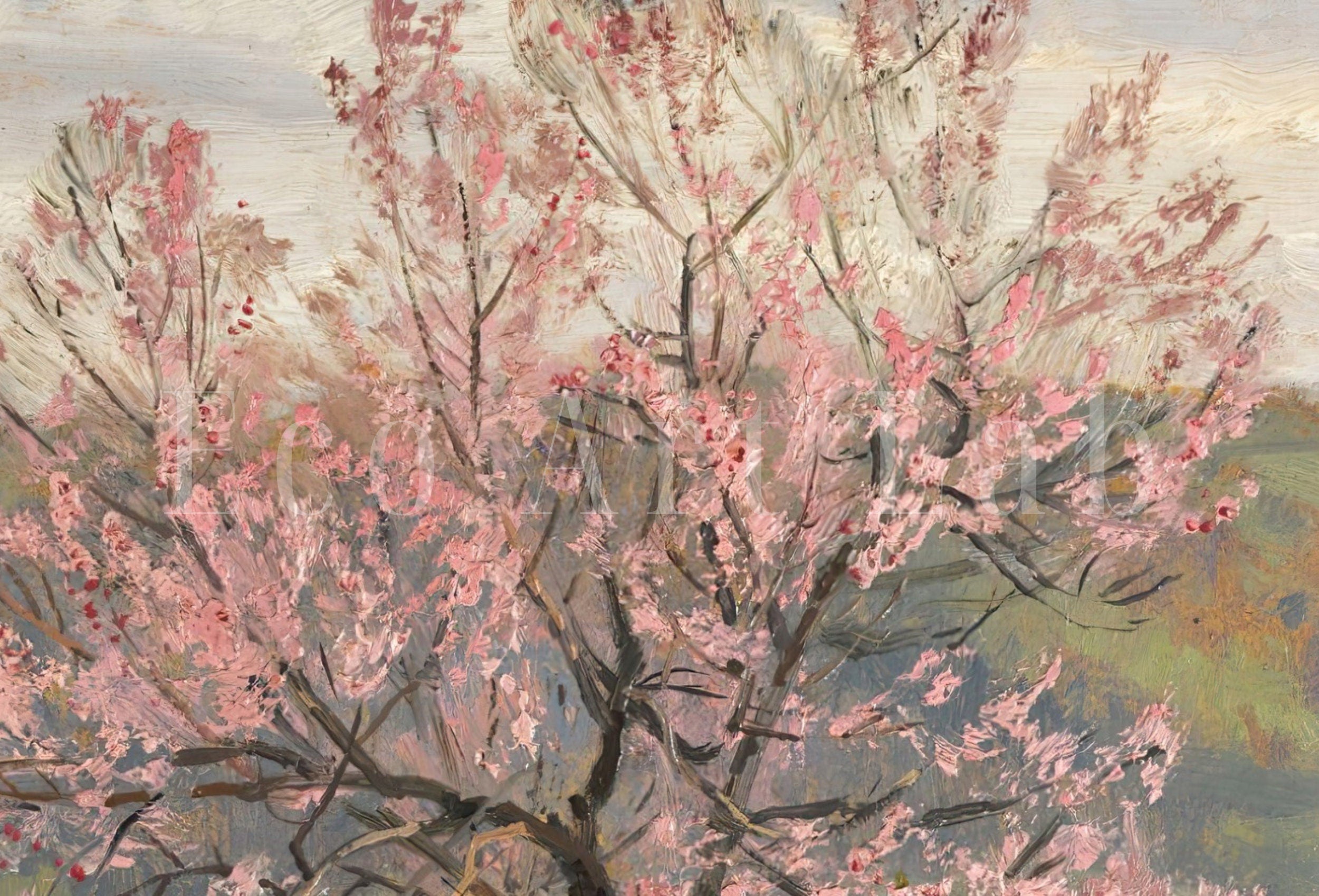 Vintage Spring Landscape Painting. Almond Blossom Printable Country Field Decor. Rustic Landscape. Farmhouse Wall Art Print. Nature Art – Printable Wall Art Digital Download – Digital Download
