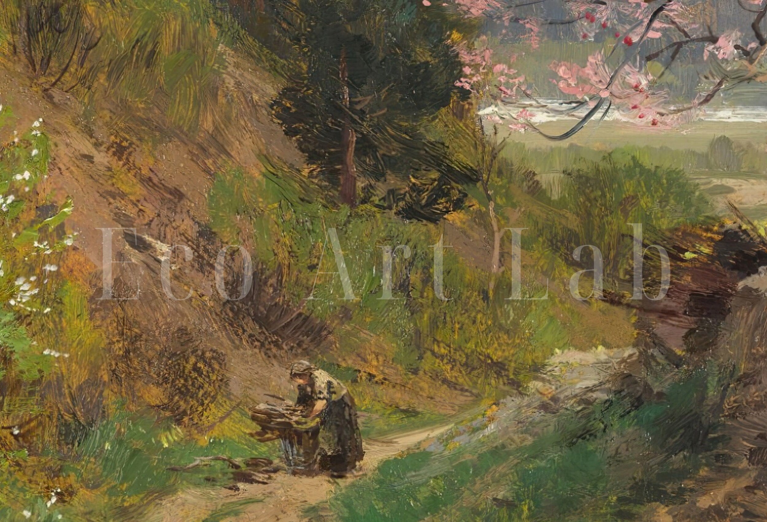 Vintage Spring Landscape Painting. Almond Blossom Printable Country Field Decor. Rustic Landscape. Farmhouse Wall Art Print. Nature Art – Printable Wall Art Digital Download – Digital Download