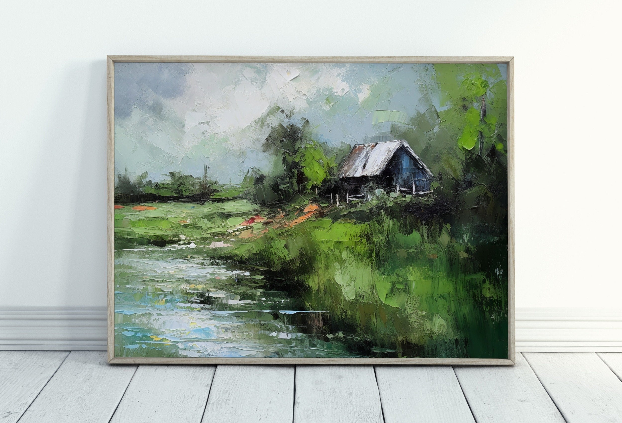 Country Field Printable. Green Country Field River Landscape Painting. Vintage Style Landscape Print Farmhouse Decor. Antique Rustic Print