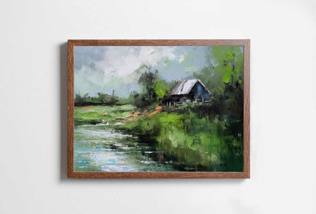 Country Field Printable. Green Country Field River Landscape Painting. Vintage Style Landscape Print Farmhouse Decor. Antique Rustic Print