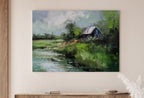 Country Field Printable. Green Country Field River Landscape Painting. Vintage Style Landscape Print Farmhouse Decor. Antique Rustic Print
