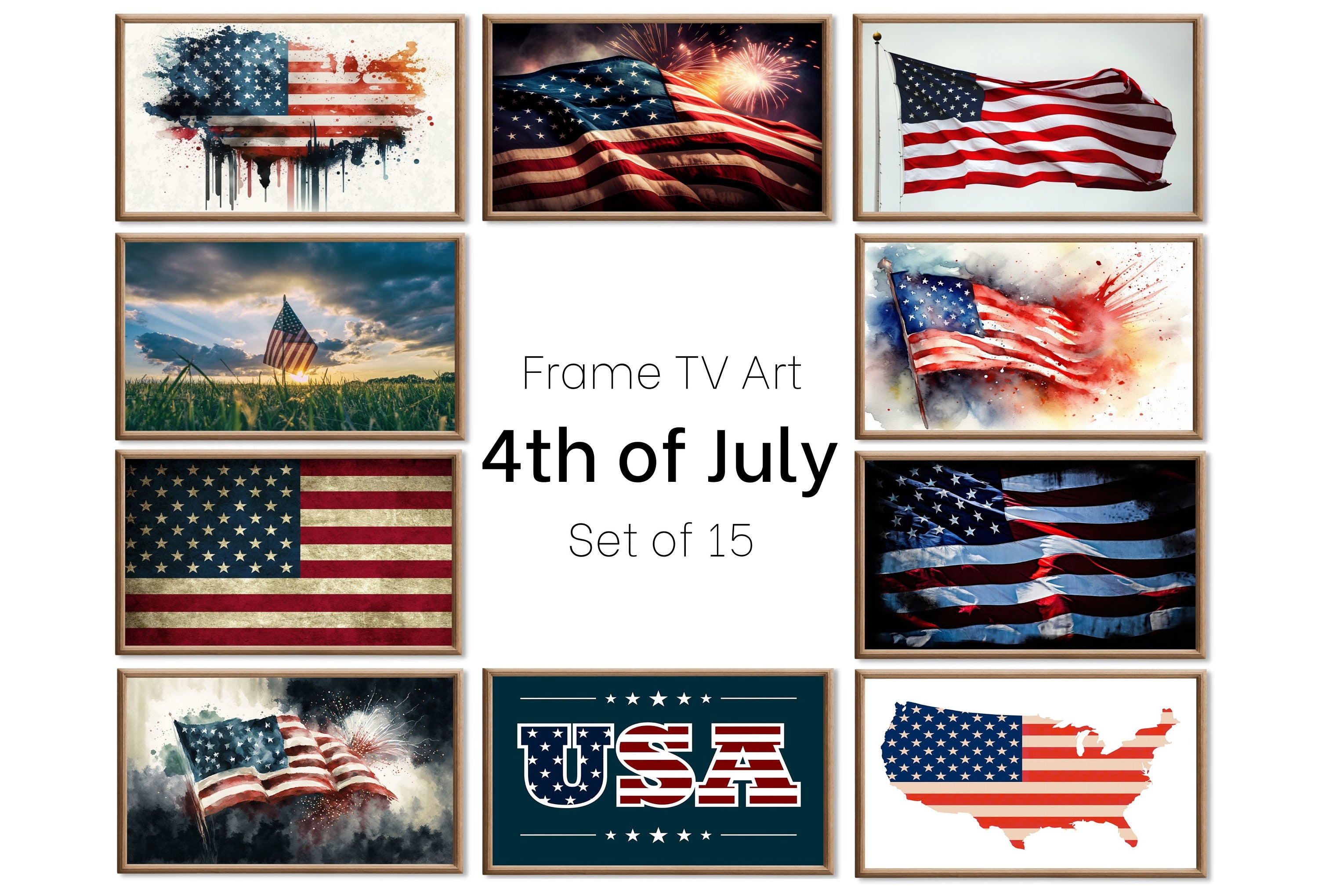 Set of 15 Samsung Frame TV 4K Art. Independence Day 4th of July Decor. Patriotic USA American Flags Art Set. Instant Download Frame TV Art