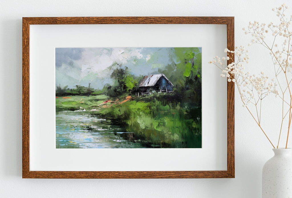 Country Field Printable. Green Country Field River Landscape Painting. Vintage Style Landscape Print Farmhouse Decor. Antique Rustic Print