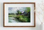 Country Field Printable. Green Country Field River Landscape Painting. Vintage Style Landscape Print Farmhouse Decor. Antique Rustic Print