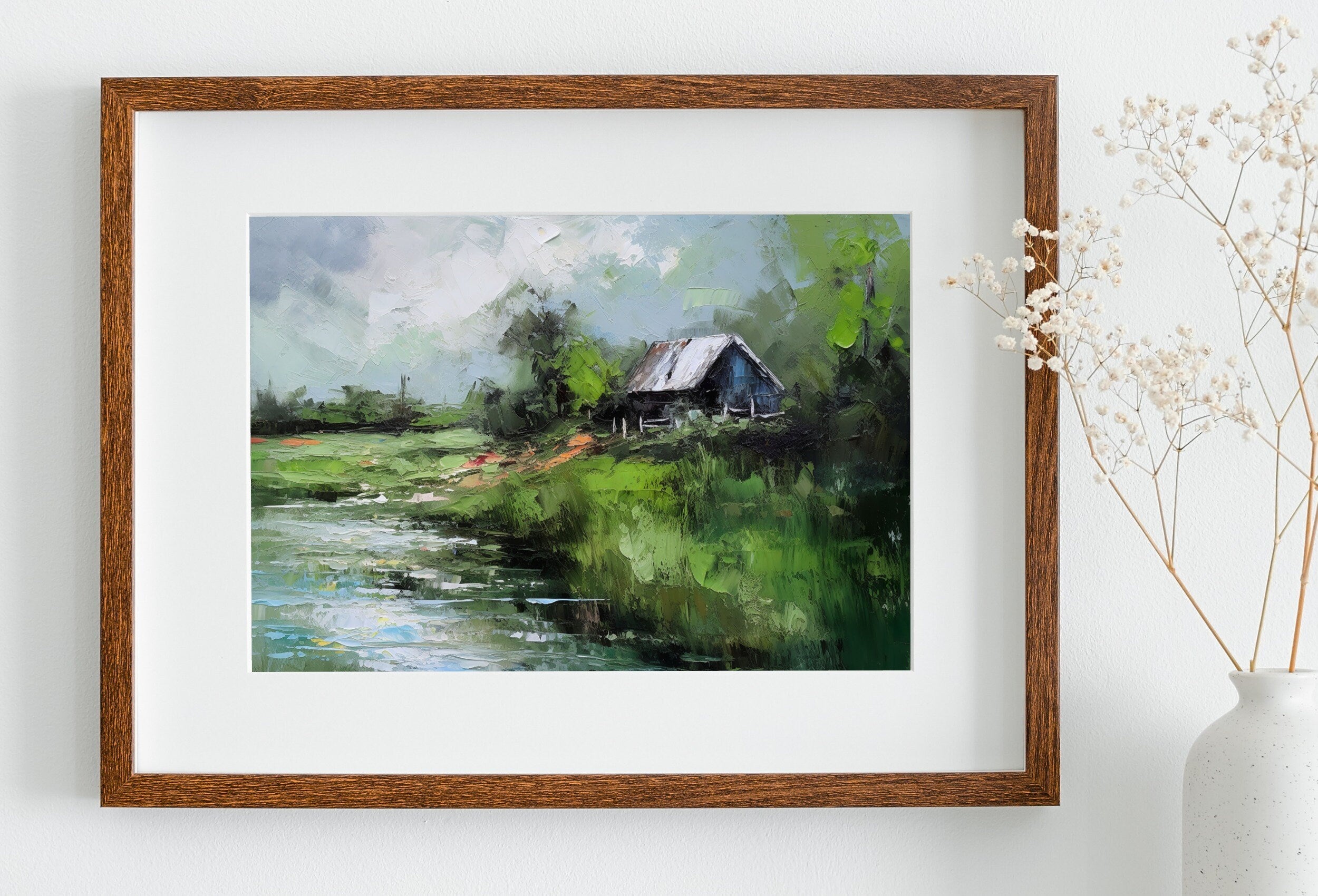 Country Field Printable. Green Country Field River Landscape Painting. Vintage Style Landscape Print Farmhouse Decor. Antique Rustic Print