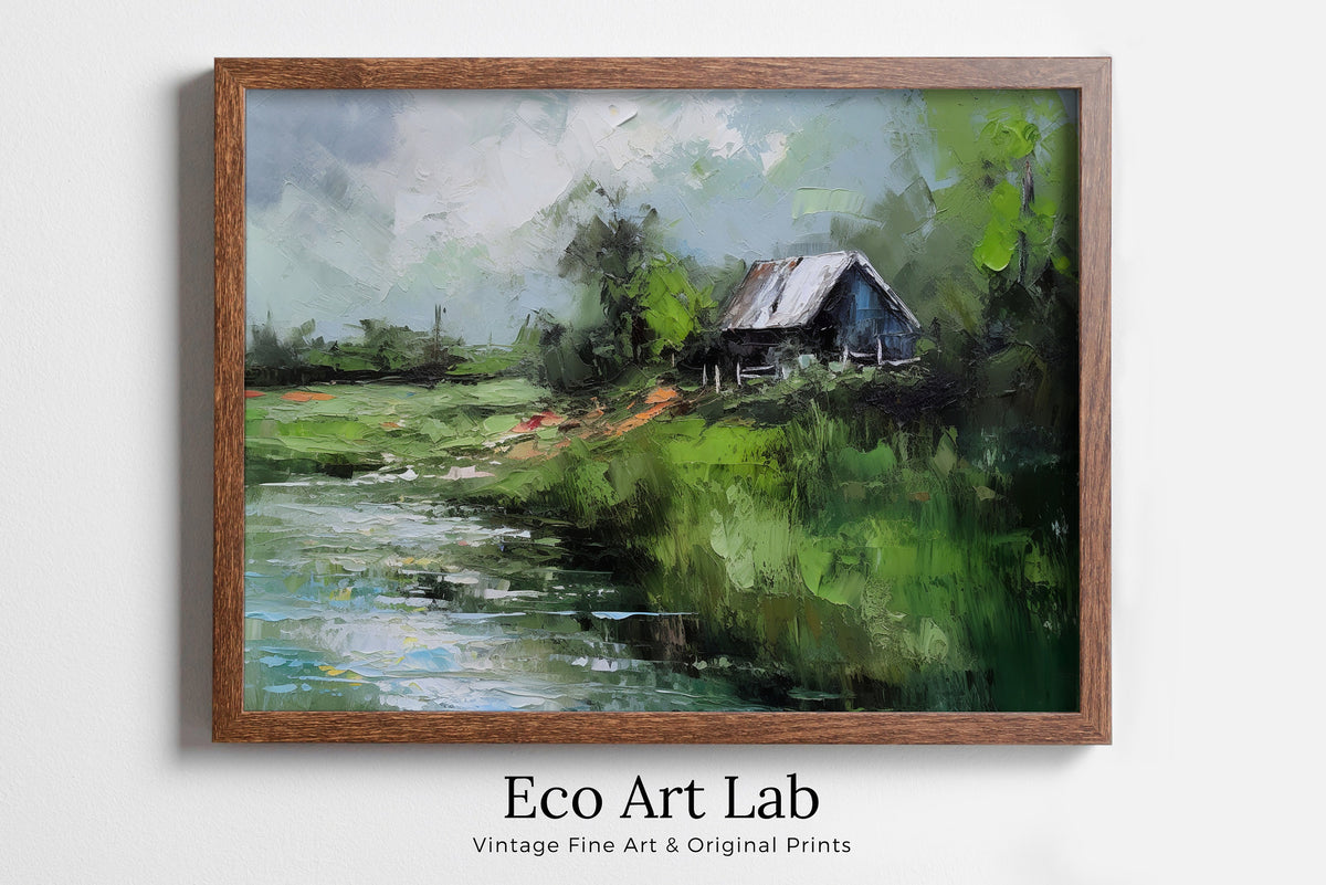 Country Field Printable. Green Country Field River Landscape Painting. Vintage Style Landscape Print Farmhouse Decor. Antique Rustic Print