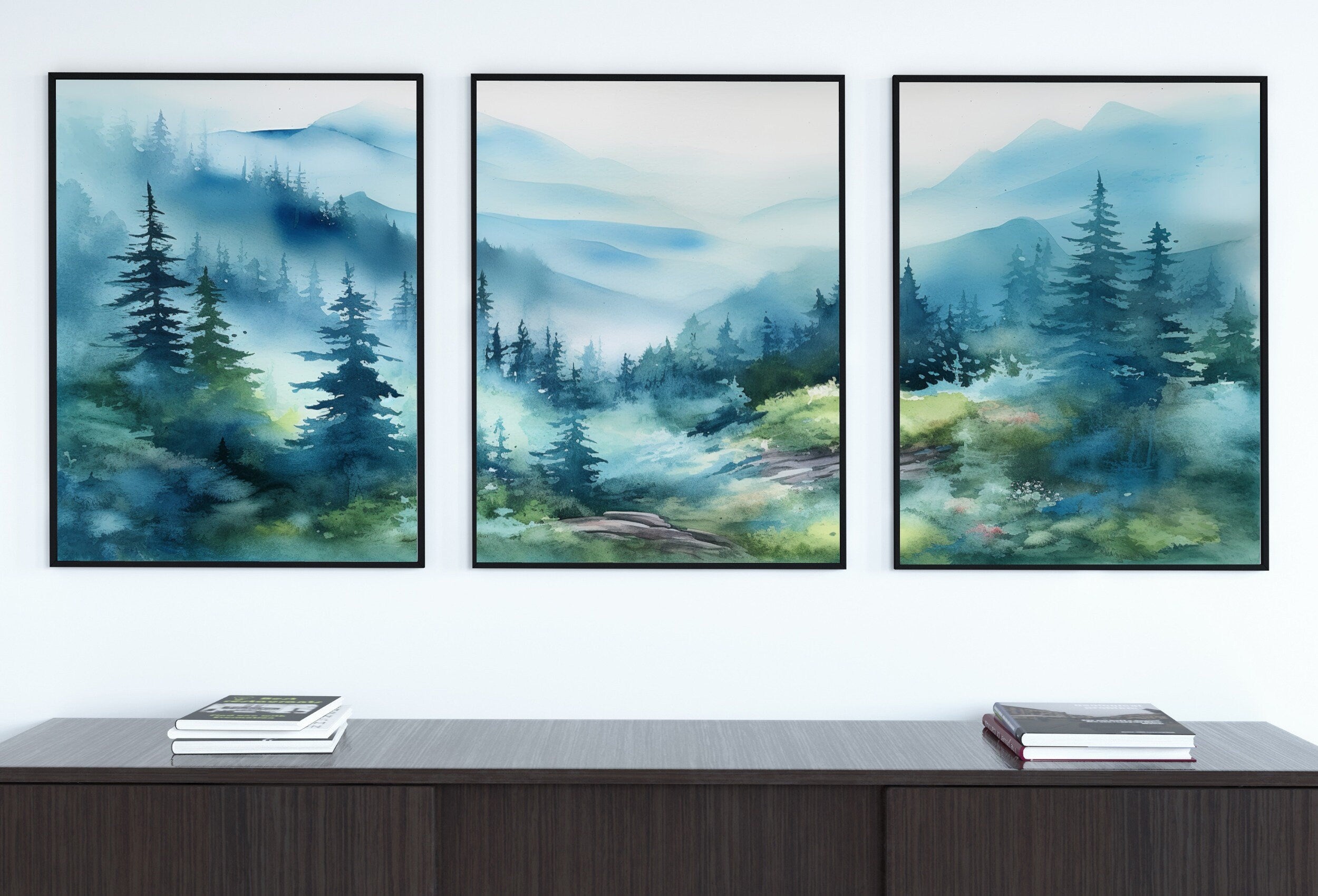 Abstract Mountain Print Set of 3 | Watercolor Blue Mountain Landscape | Nature Print Set | Modern Minimal Decor | Pine Forest Wall Art
