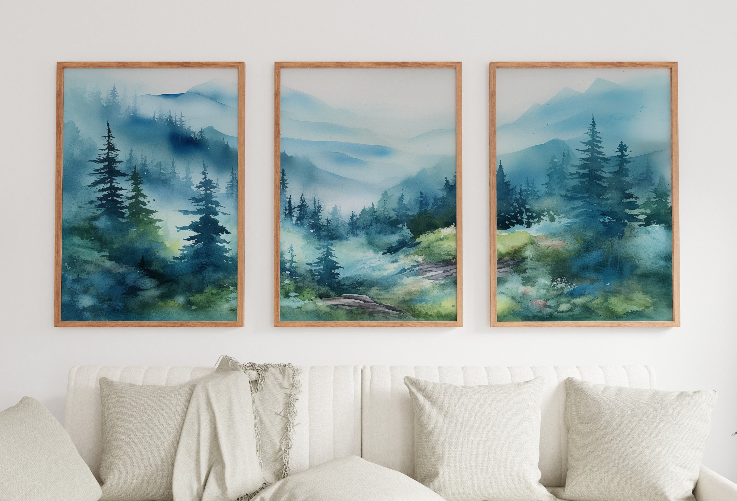 Abstract Mountain Print Set of 3 | Watercolor Blue Mountain Landscape | Nature Print Set | Modern Minimal Decor | Pine Forest Wall Art