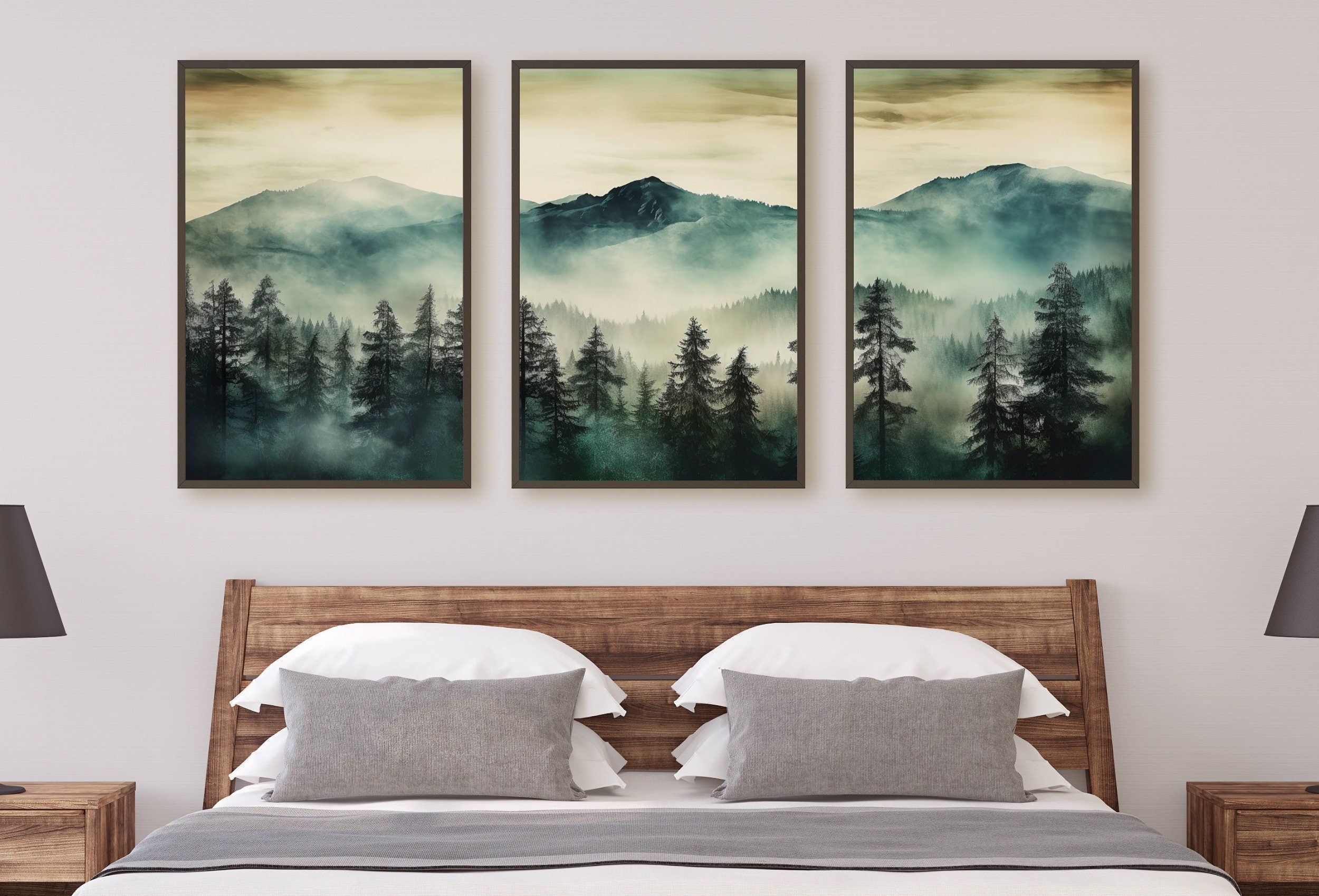 3 Piece Wall Art Sage Green Mountain | Watercolor Mountain Landscape | Abstract Nature Print | Modern Minimal Decor | Pine Forest Wall Art