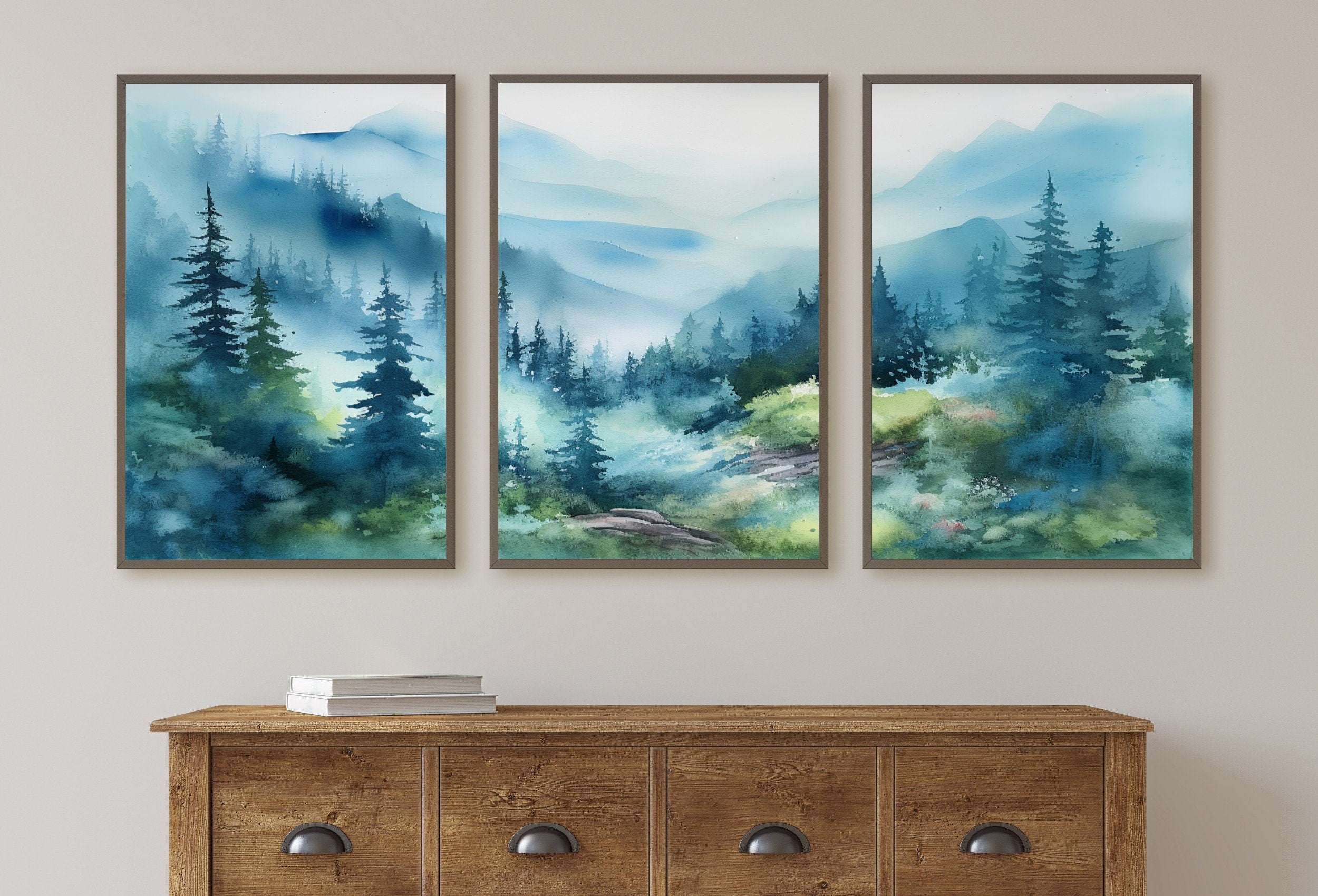 Abstract Mountain Print Set of 3 | Watercolor Blue Mountain Landscape | Nature Print Set | Modern Minimal Decor | Pine Forest Wall Art
