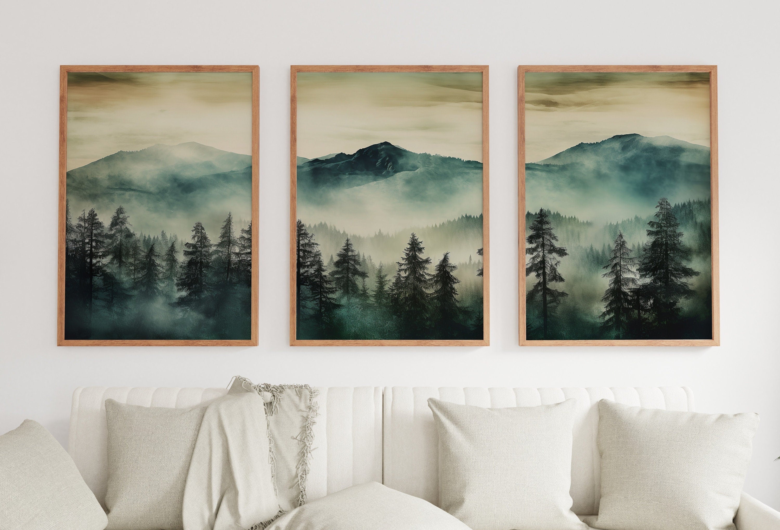 3 Piece Wall Art Sage Green Mountain | Watercolor Mountain Landscape | Abstract Nature Print | Modern Minimal Decor | Pine Forest Wall Art