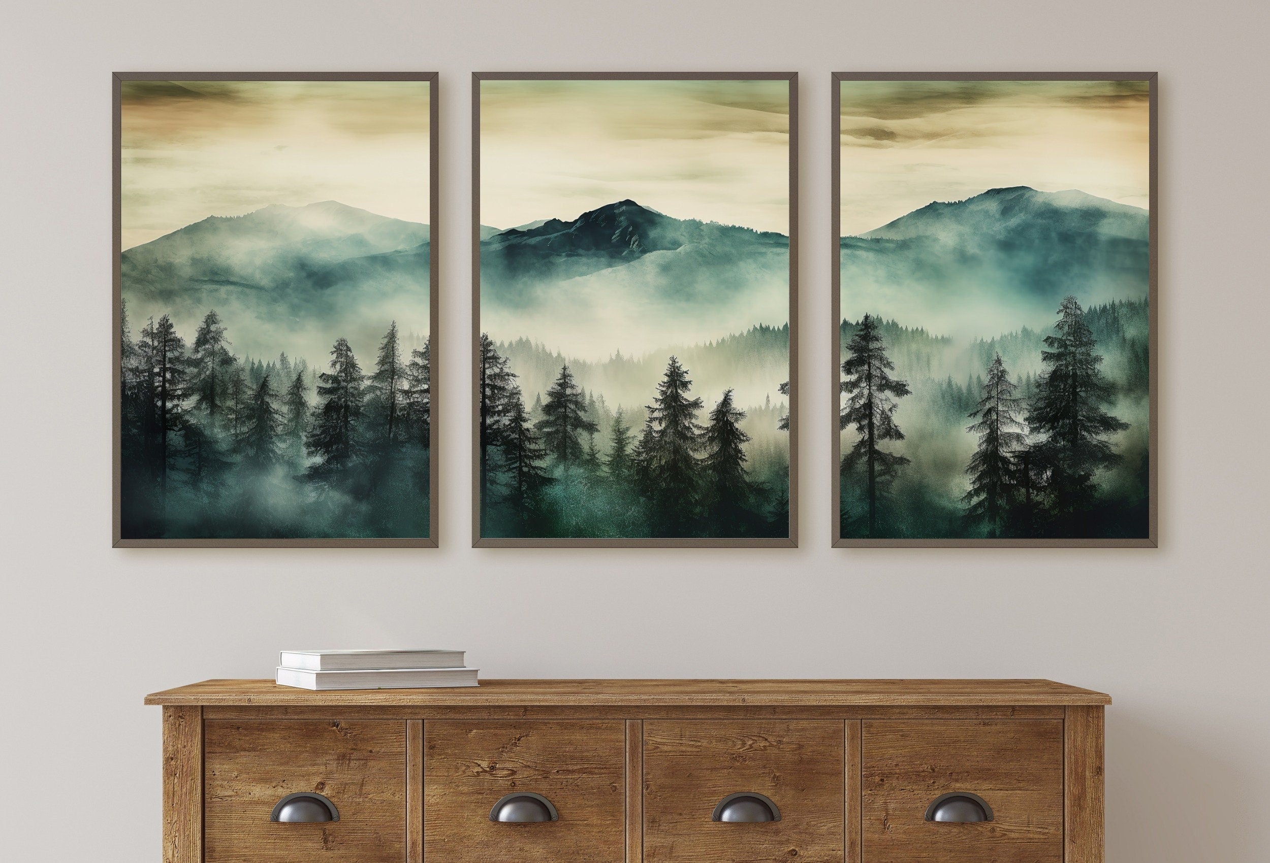 3 Piece Wall Art Sage Green Mountain | Watercolor Mountain Landscape | Abstract Nature Print | Modern Minimal Decor | Pine Forest Wall Art