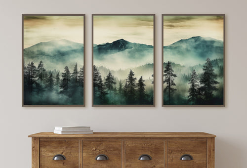 3 Piece Wall Art Sage Green Mountain | Watercolor Mountain Landscape | Abstract Nature Print | Modern Minimal Decor | Pine Forest Wall Art