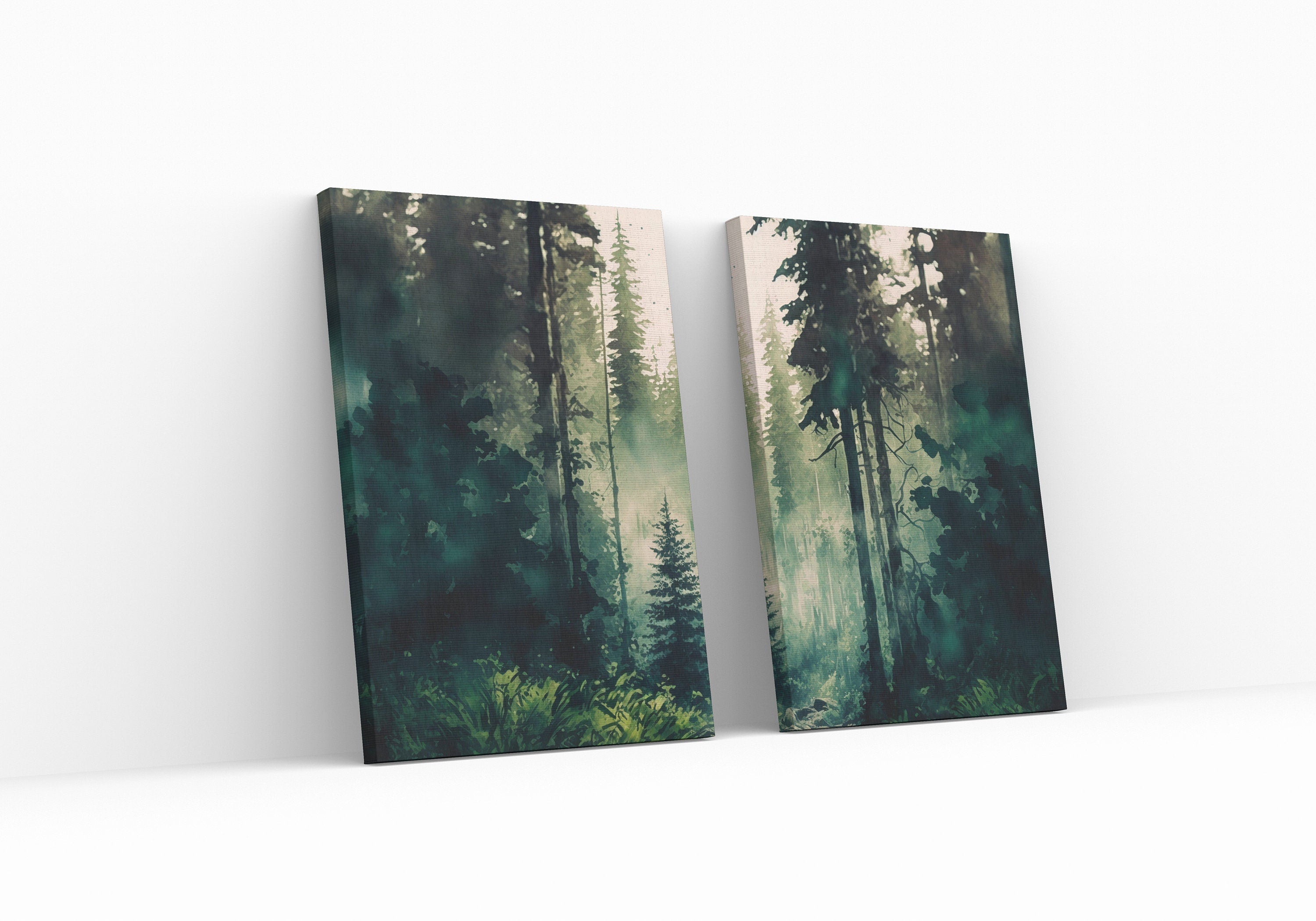 Watercolor Dense Forest Landscape Printable. Printable Wall Art. Set of 2 Prints. Green Forest Trees Painting. Nature Decor. Forest Art