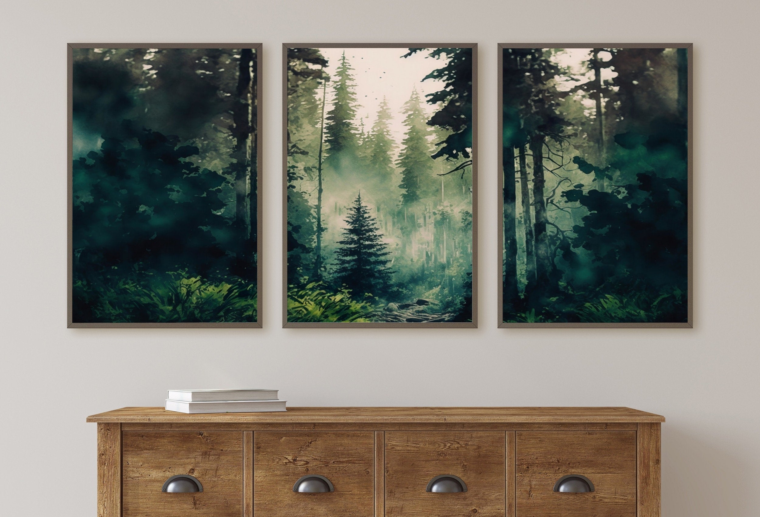Watercolor Dense Forest Landscape Printable. Printable Wall Art. Set of 3 Prints. Green Forest Trees Painting. Nature Decor. Forest Art