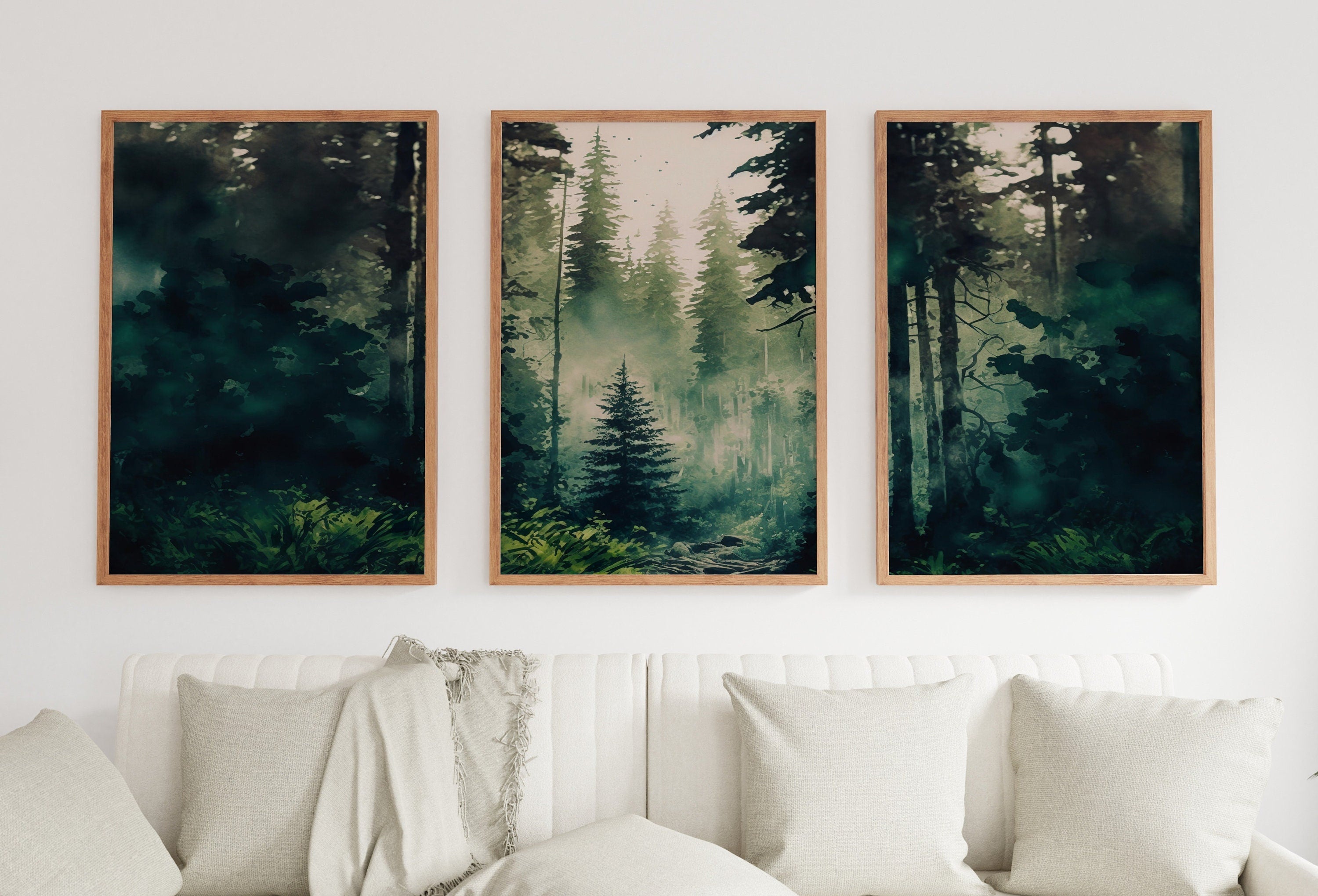 Watercolor Dense Forest Landscape Printable. Printable Wall Art. Set of 3 Prints. Green Forest Trees Painting. Nature Decor. Forest Art