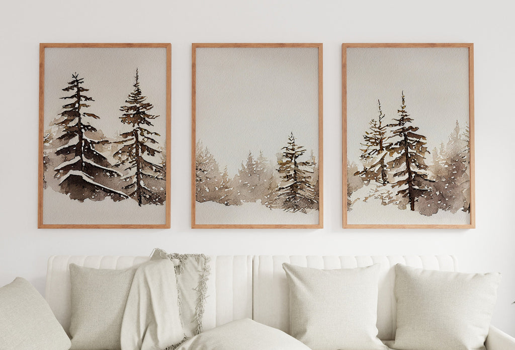 Winter Forest Landscape Printable. Set of 3 Prints. Snowy Forest Watercolor Painting. Printable Wall Art. 3 Piece Wall Art. Gallery Wall Set