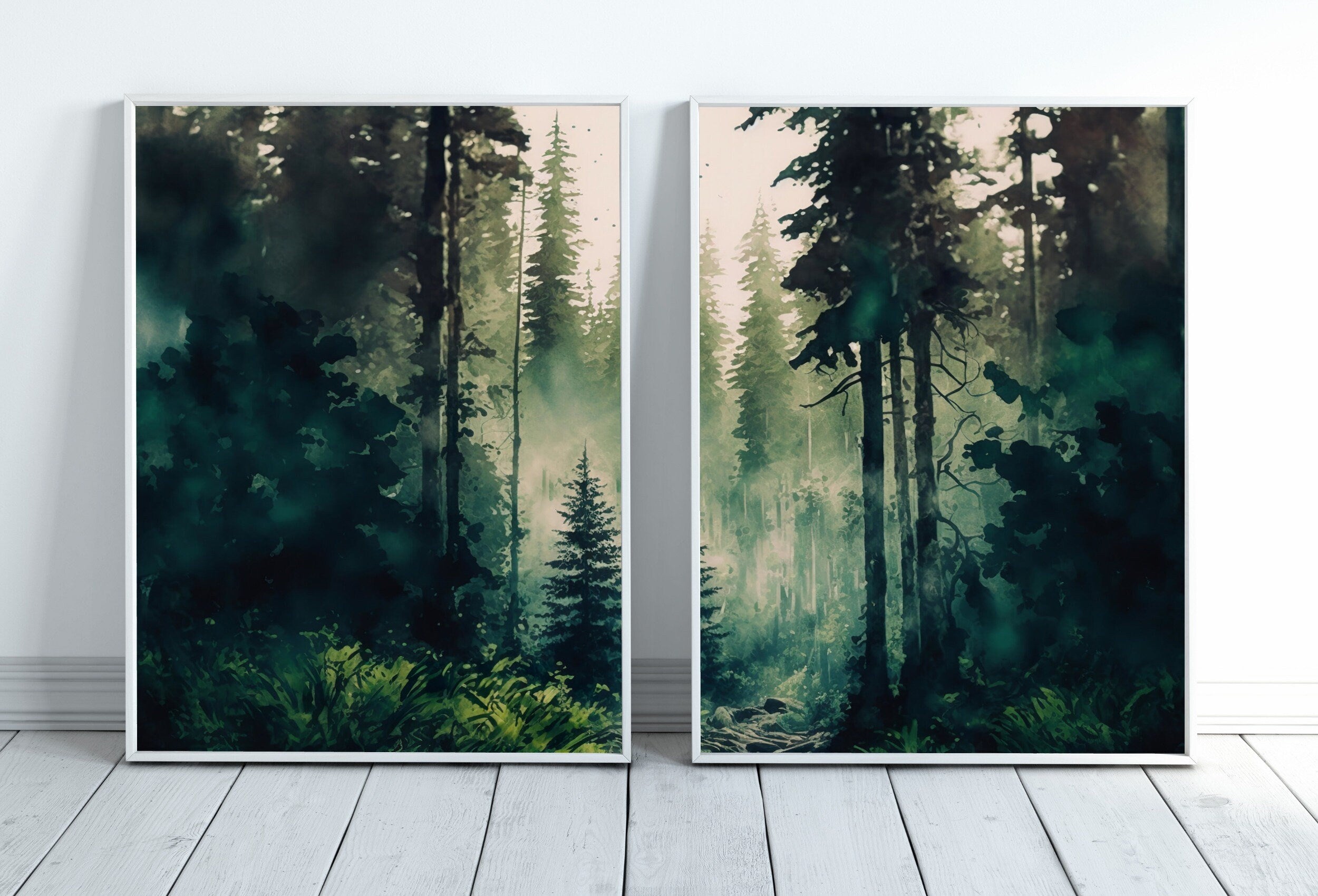 Watercolor Dense Forest Landscape Printable. Printable Wall Art. Set of 2 Prints. Green Forest Trees Painting. Nature Decor. Forest Art
