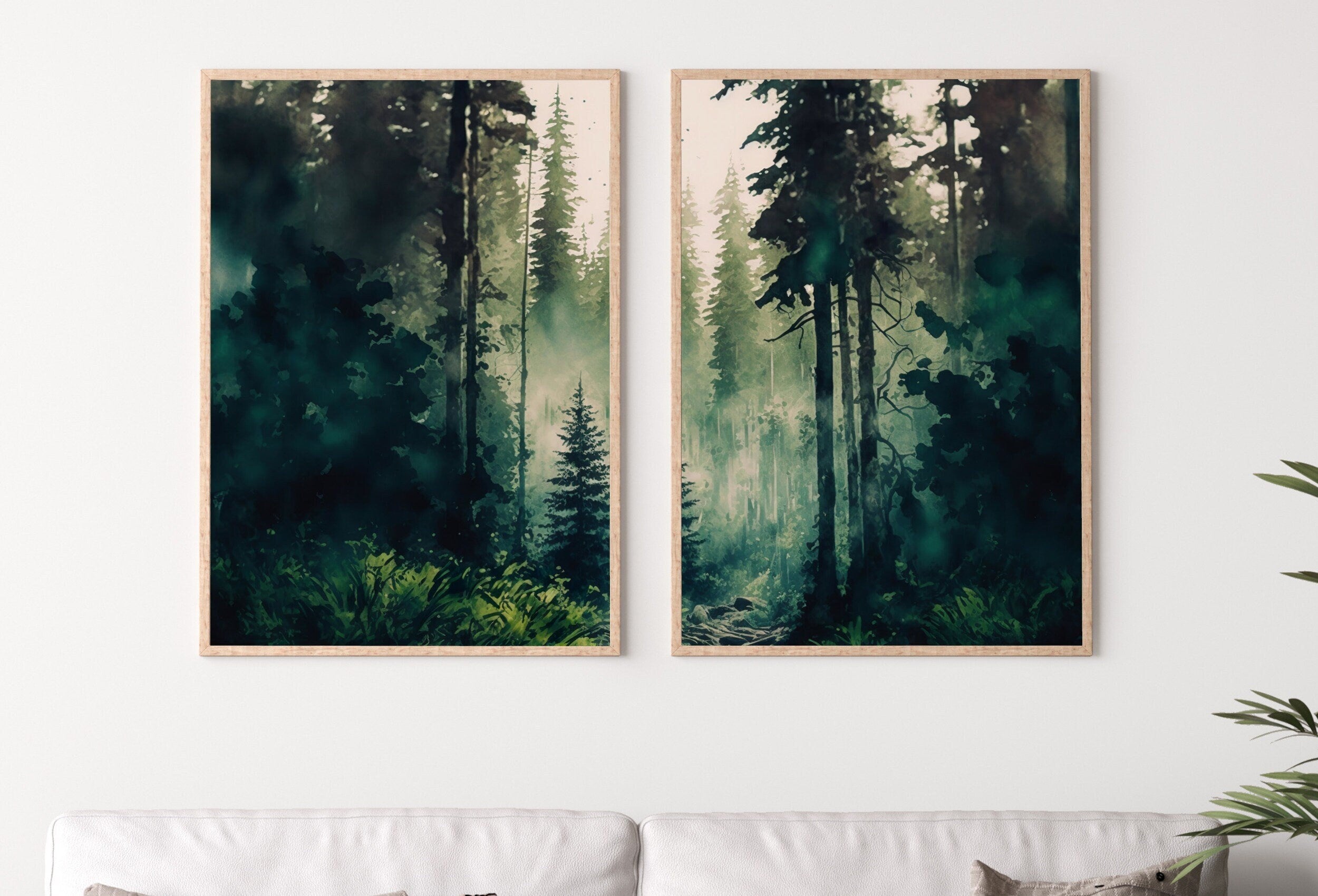 Watercolor Dense Forest Landscape Printable. Printable Wall Art. Set of 2 Prints. Green Forest Trees Painting. Nature Decor. Forest Art