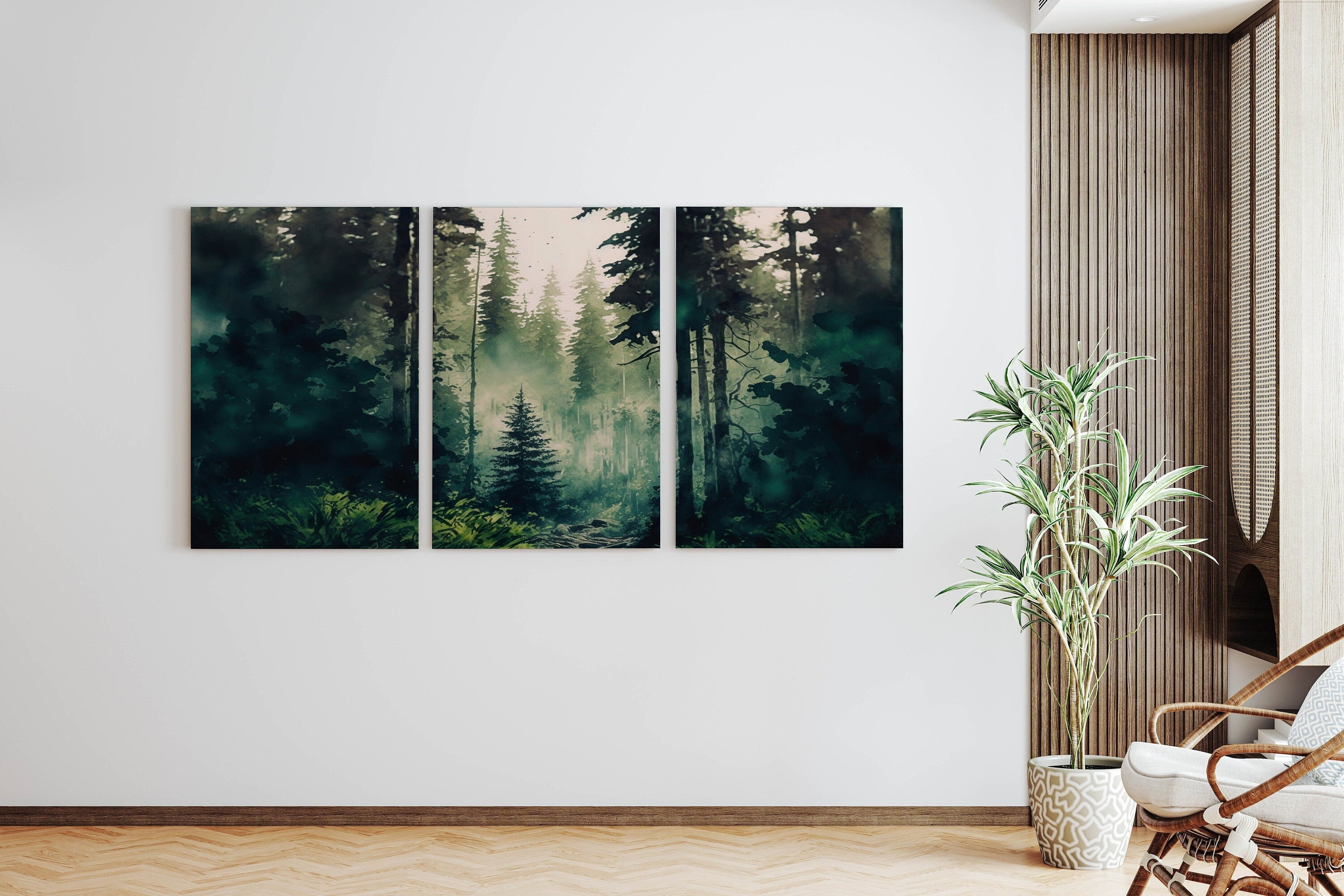 Watercolor Dense Forest Landscape Printable. Printable Wall Art. Set of 3 Prints. Green Forest Trees Painting. Nature Decor. Forest Art