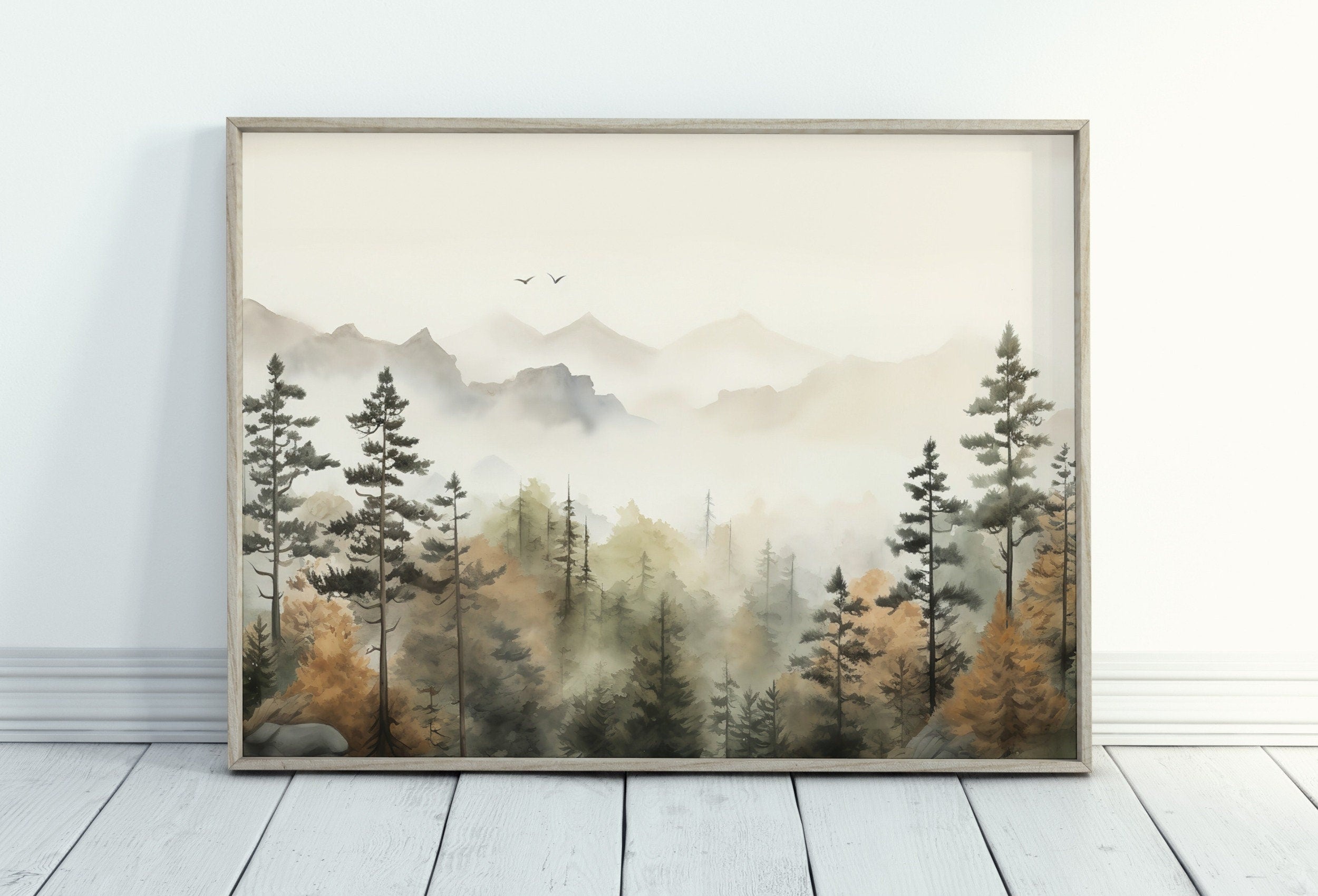 Watercolor Forest Landscape Printable. Fall Printable Wall Art. Digital Art. Autumn Forest Trees Painting Print. Nature Decor. Forest Art