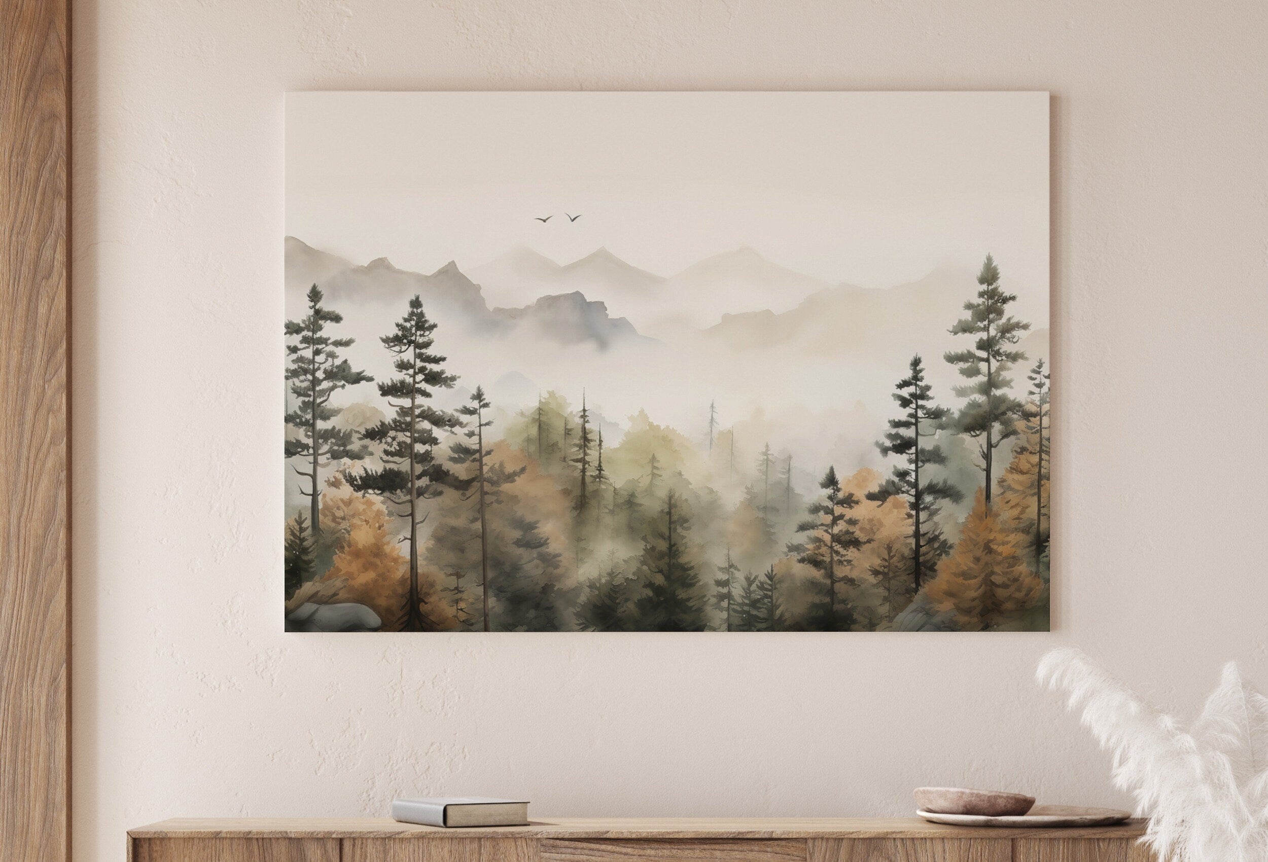 Watercolor Forest Landscape Printable. Fall Printable Wall Art. Digital Art. Autumn Forest Trees Painting Print. Nature Decor. Forest Art