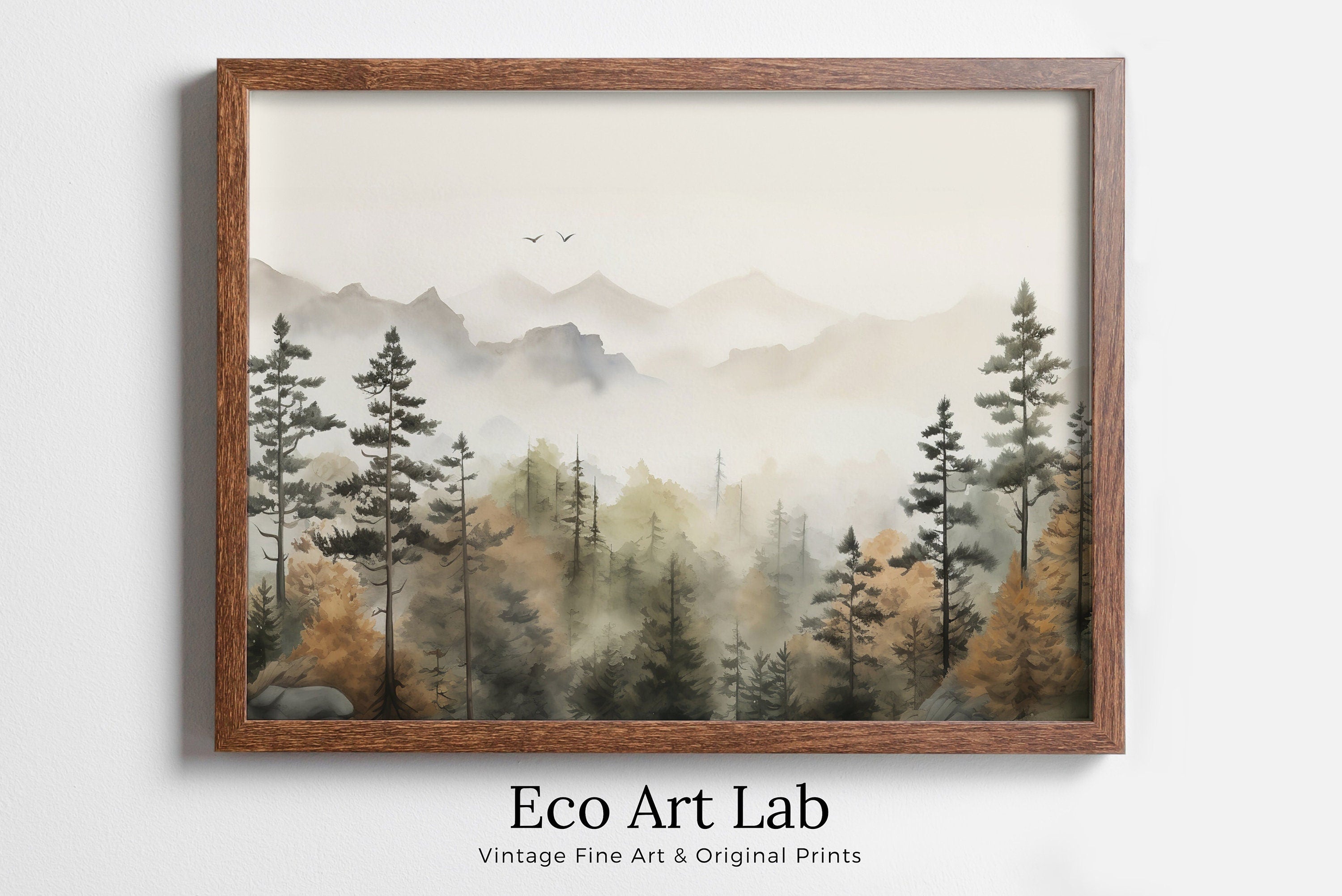 Watercolor Forest Landscape Printable. Fall Printable Wall Art. Digital Art. Autumn Forest Trees Painting Print. Nature Decor. Forest Art