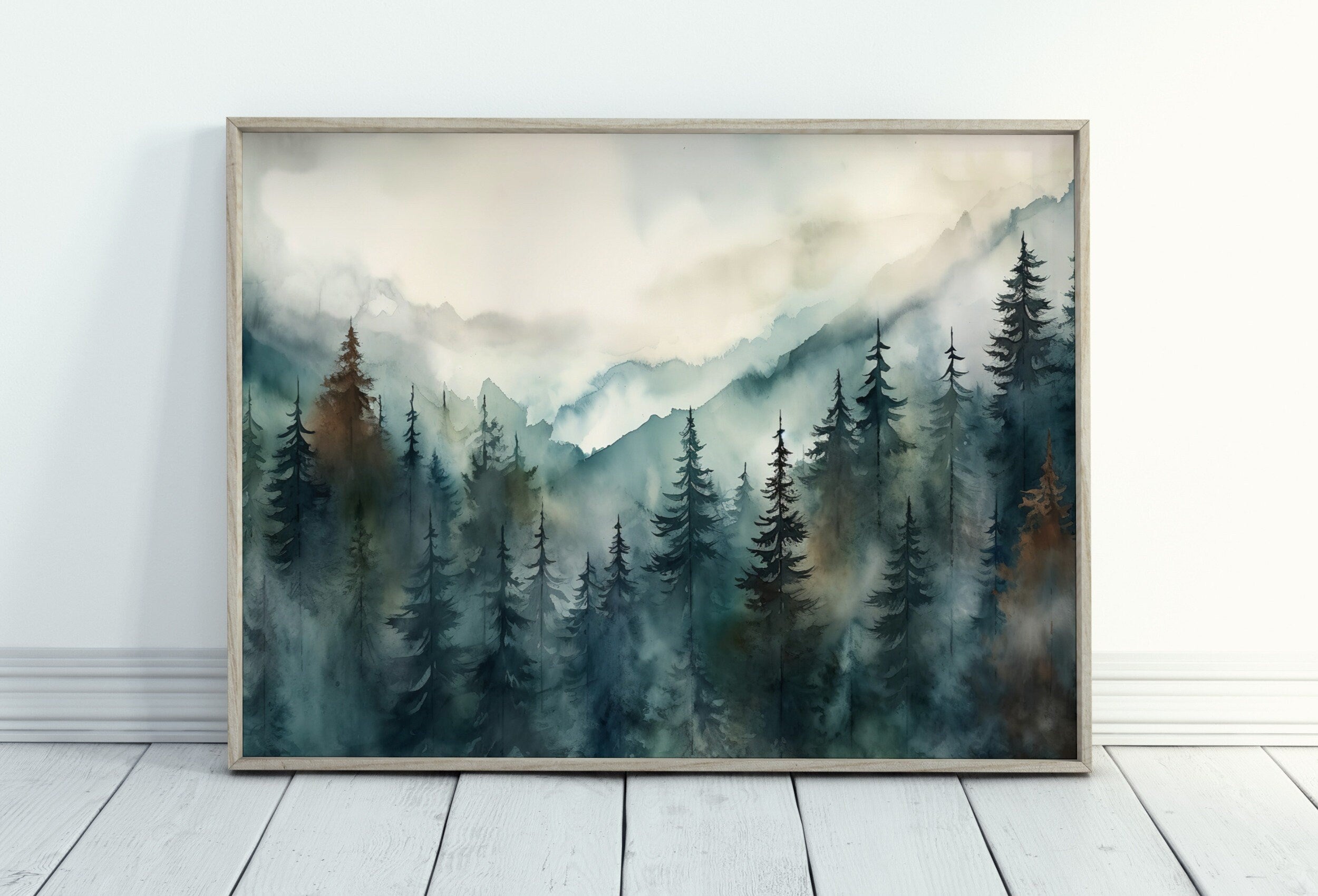Watercolor Forest Landscape Printable. Green Forest Trees Painting Print. Printable Wall Art. Digital Art. Nature Decor. Mountain Forest Art