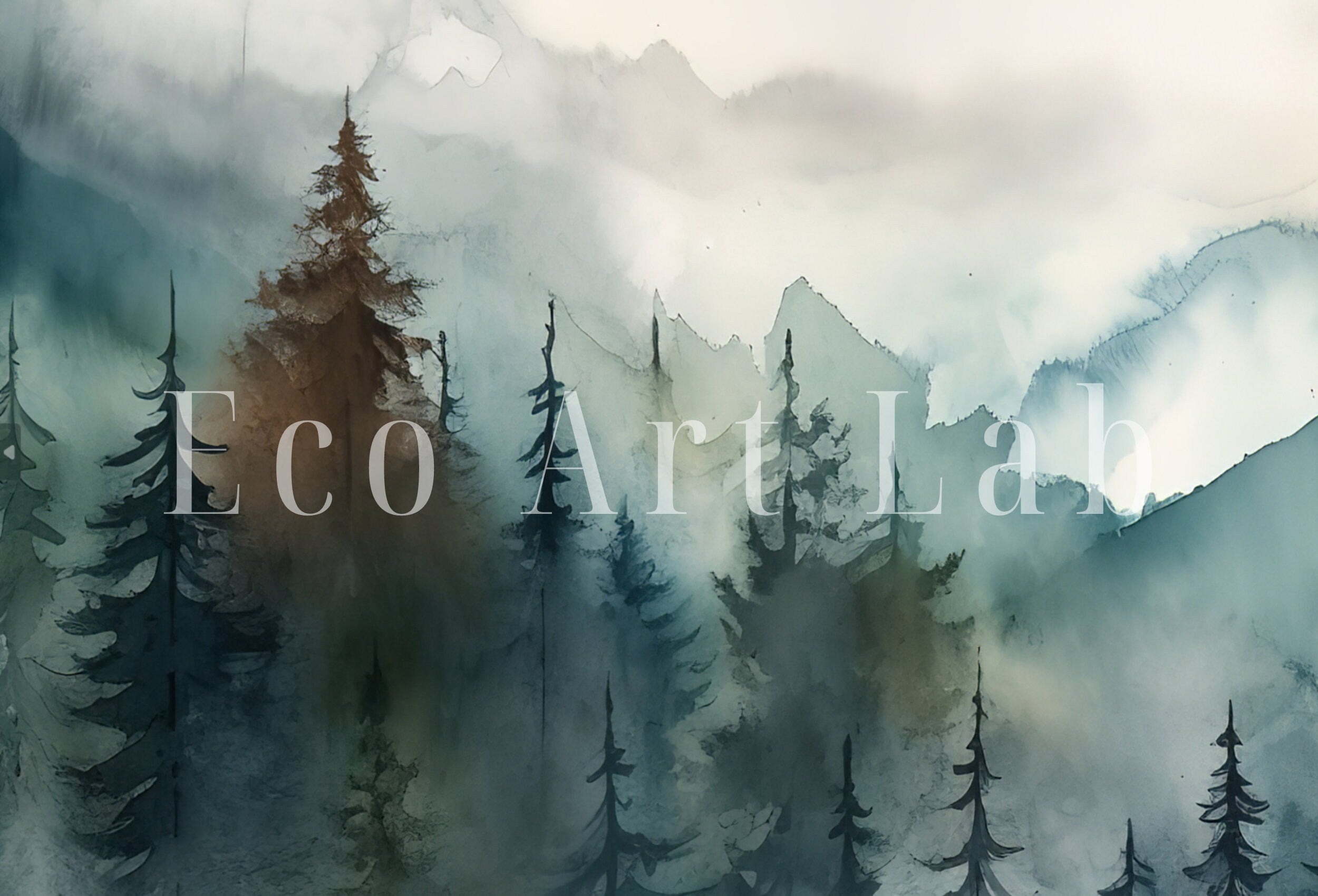 Watercolor Forest Landscape Printable. Green Forest Trees Painting Print. Printable Wall Art. Digital Art. Nature Decor. Mountain Forest Art