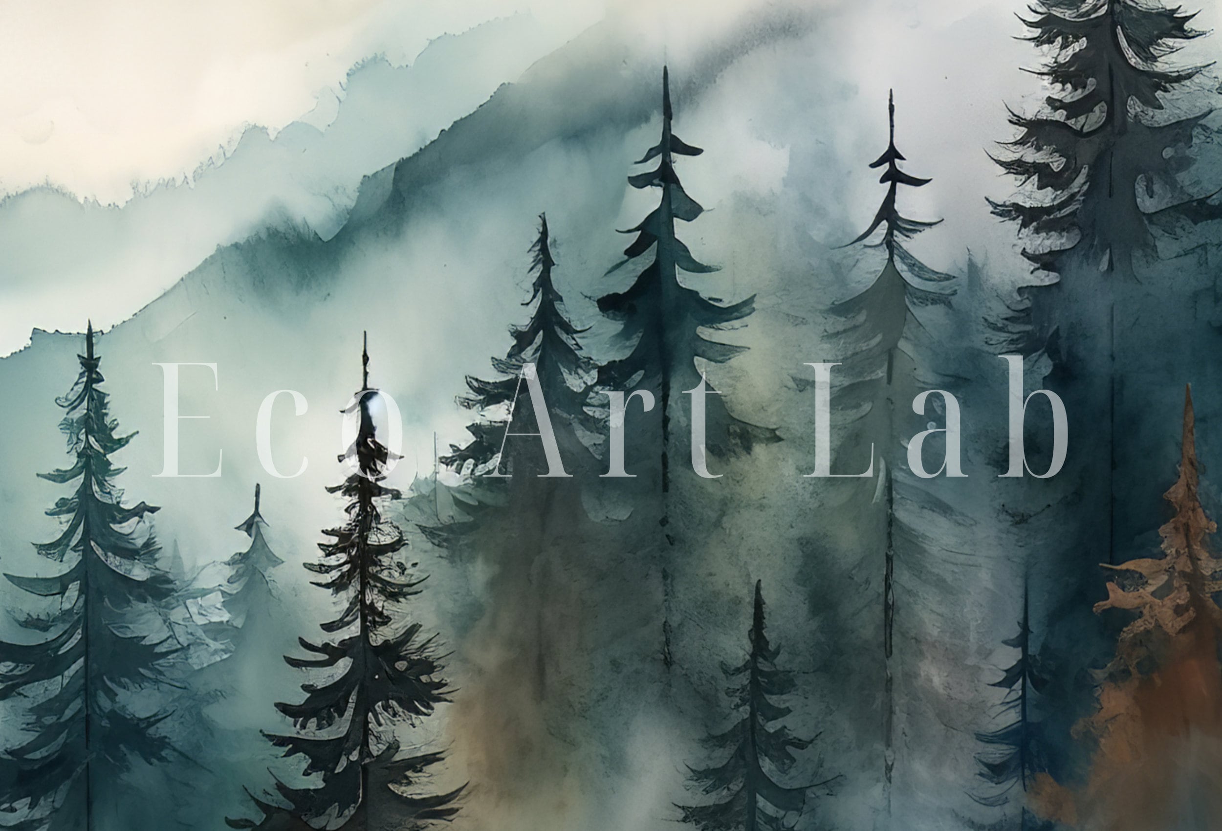 Watercolor Forest Landscape Printable. Green Forest Trees Painting Print. Printable Wall Art. Digital Art. Nature Decor. Mountain Forest Art