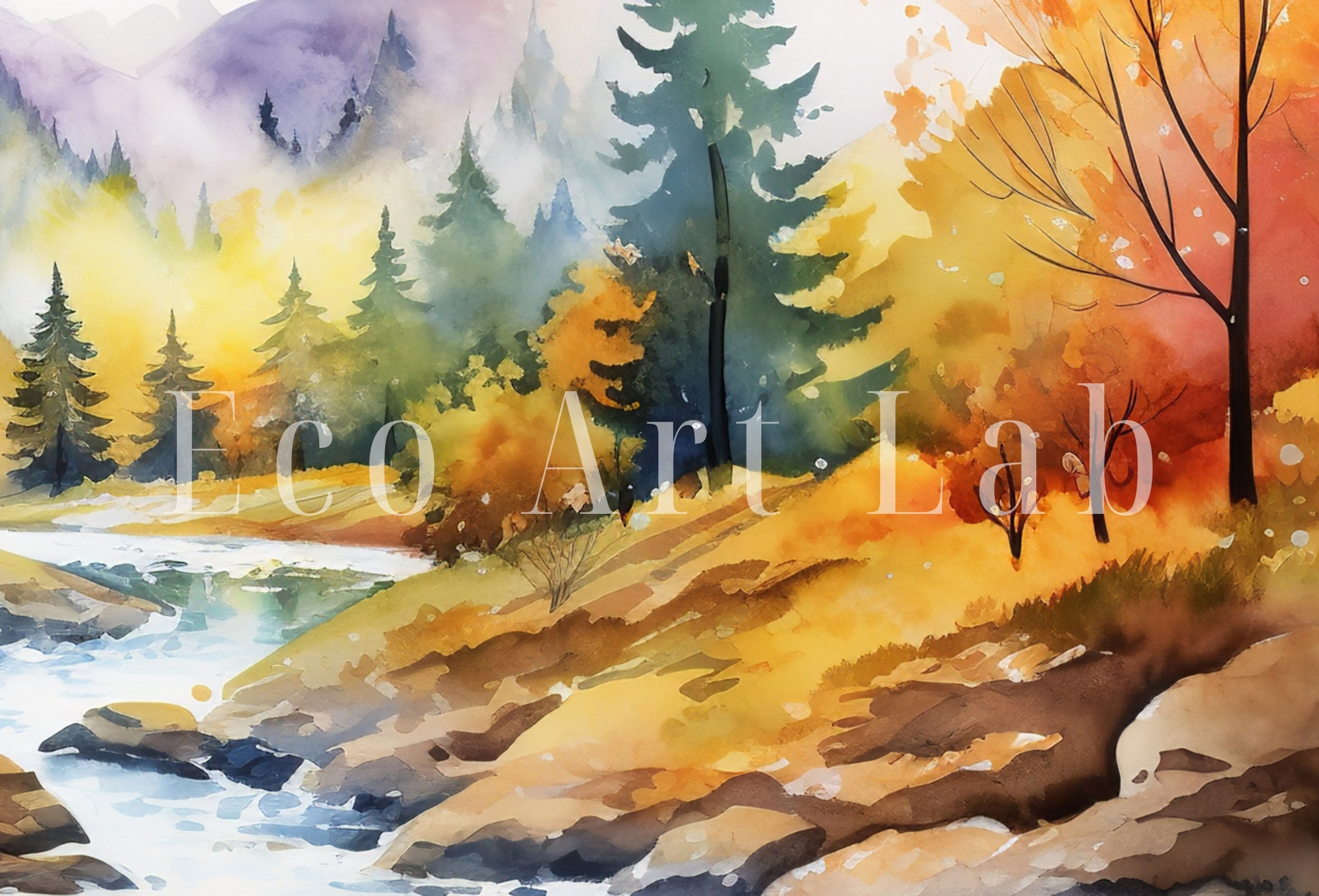 Samsung Frame TV Art 4K Mountain River & Forest Fall Landscape Painting. Instant Download Forest Art for Samsung Frame TV. Art for TV