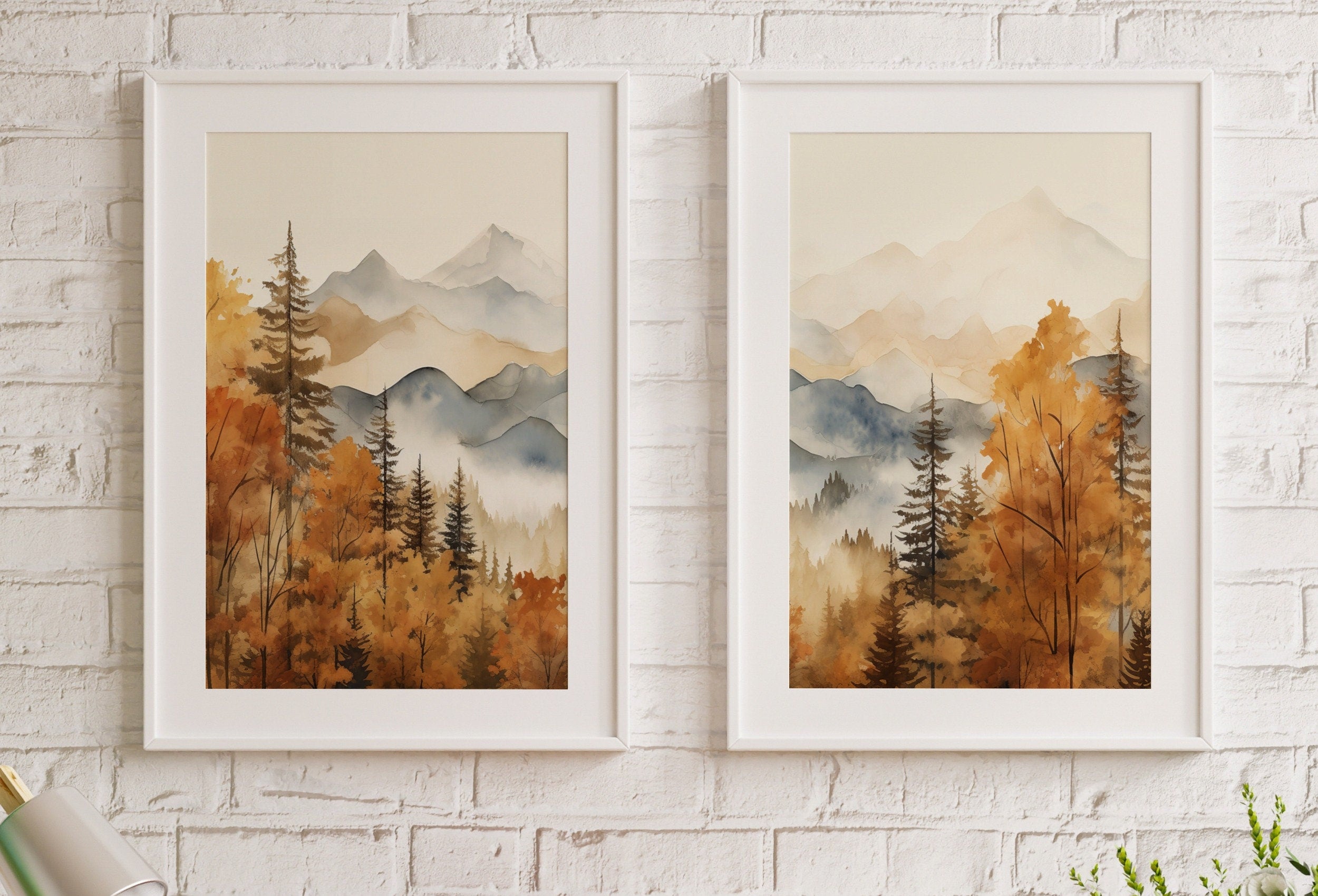 Fall Watercolor Forest Mountain Landscape Printable. Printable Wall Art. Set of 2 Prints. Autumn Forest Trees Painting. Nature Decor.