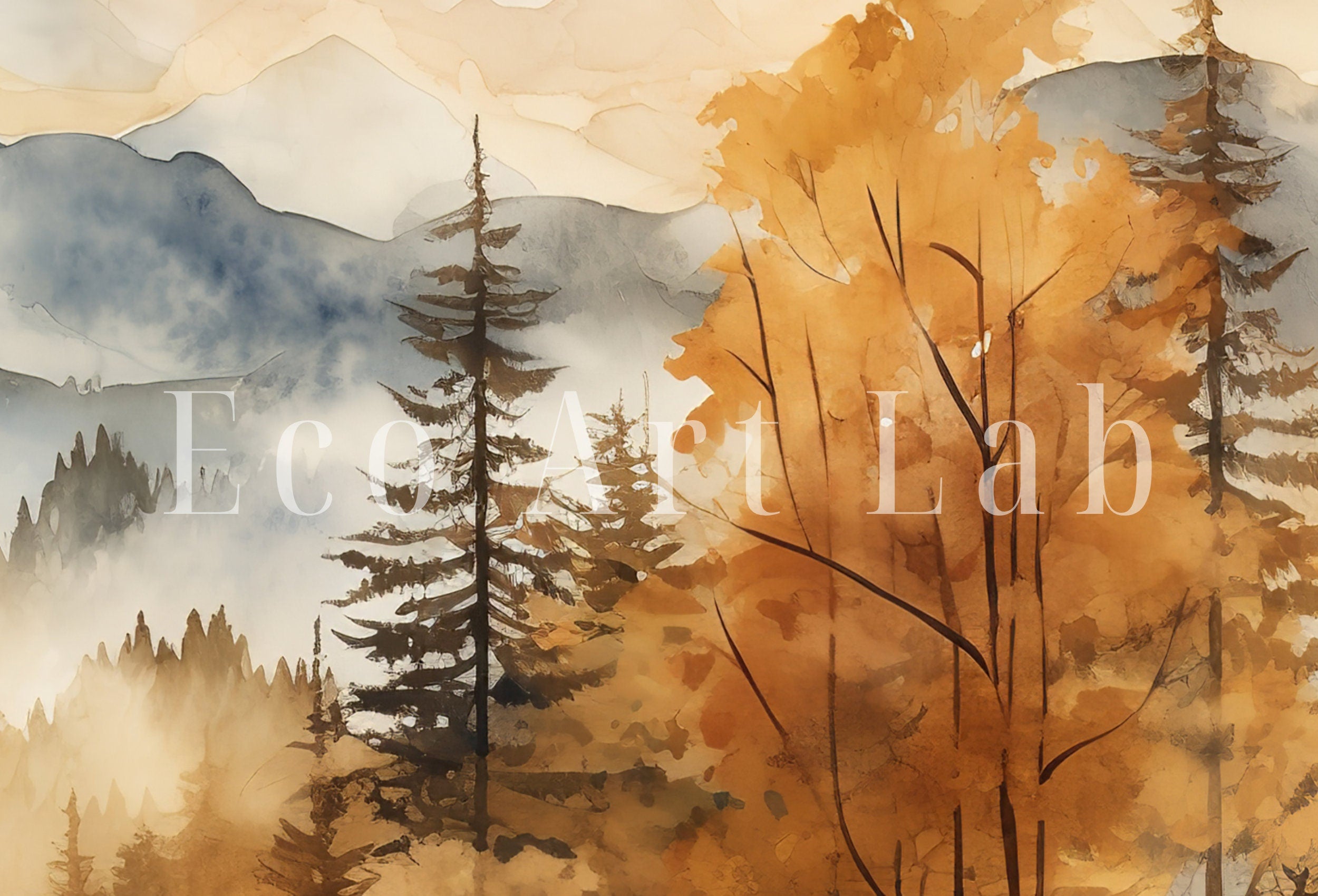 Fall Watercolor Forest Mountain Landscape Printable. Printable Wall Art. Set of 2 Prints. Autumn Forest Trees Painting. Nature Decor.