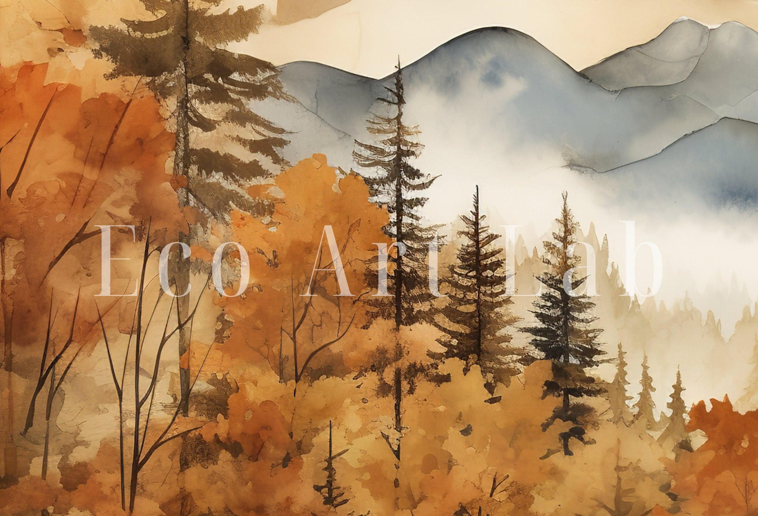 Fall Watercolor Forest Mountain Landscape Printable. Printable Wall Art. Set of 2 Prints. Autumn Forest Trees Painting. Nature Decor.