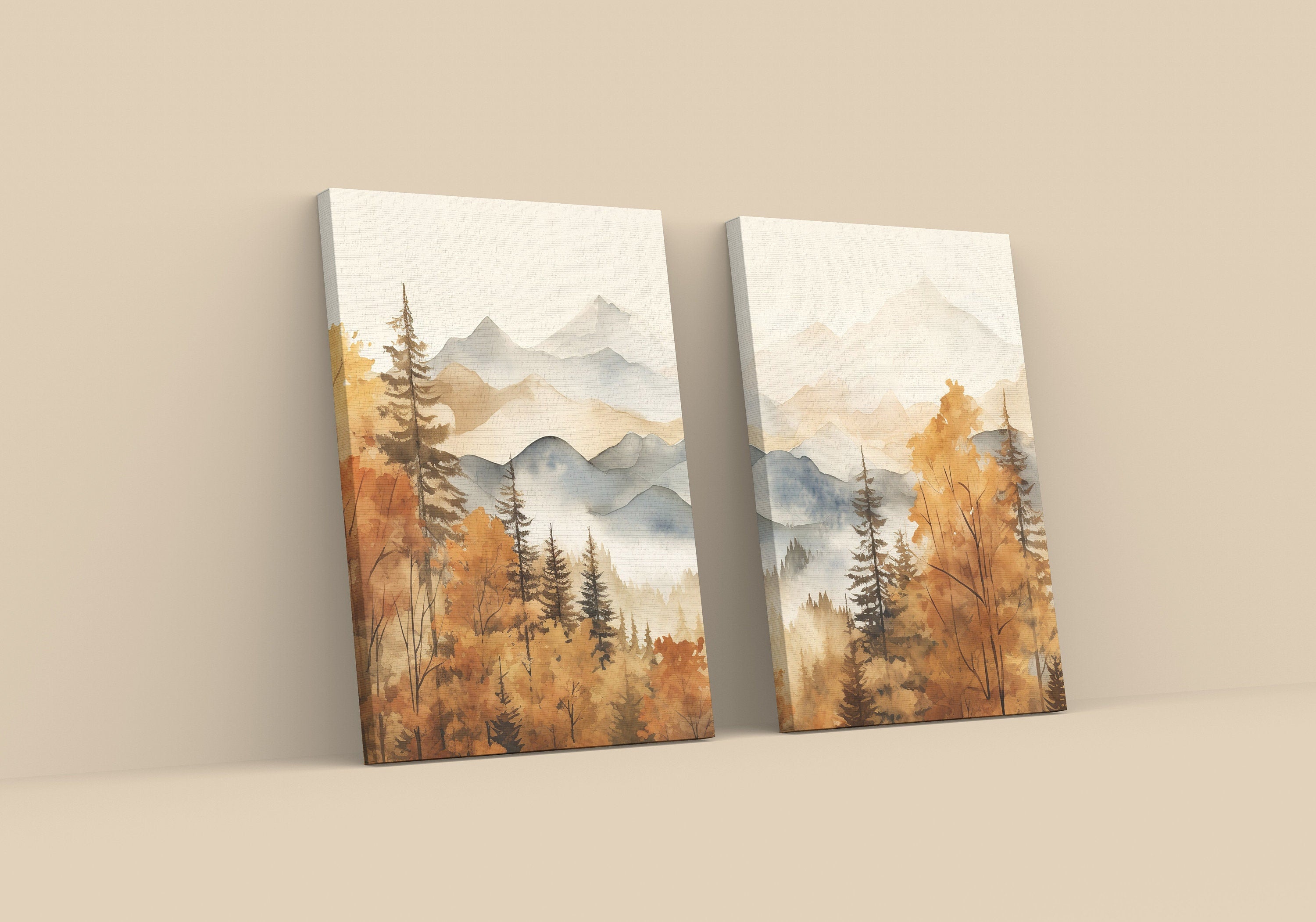 Fall Watercolor Forest Mountain Landscape Printable. Printable Wall Art. Set of 2 Prints. Autumn Forest Trees Painting. Nature Decor.
